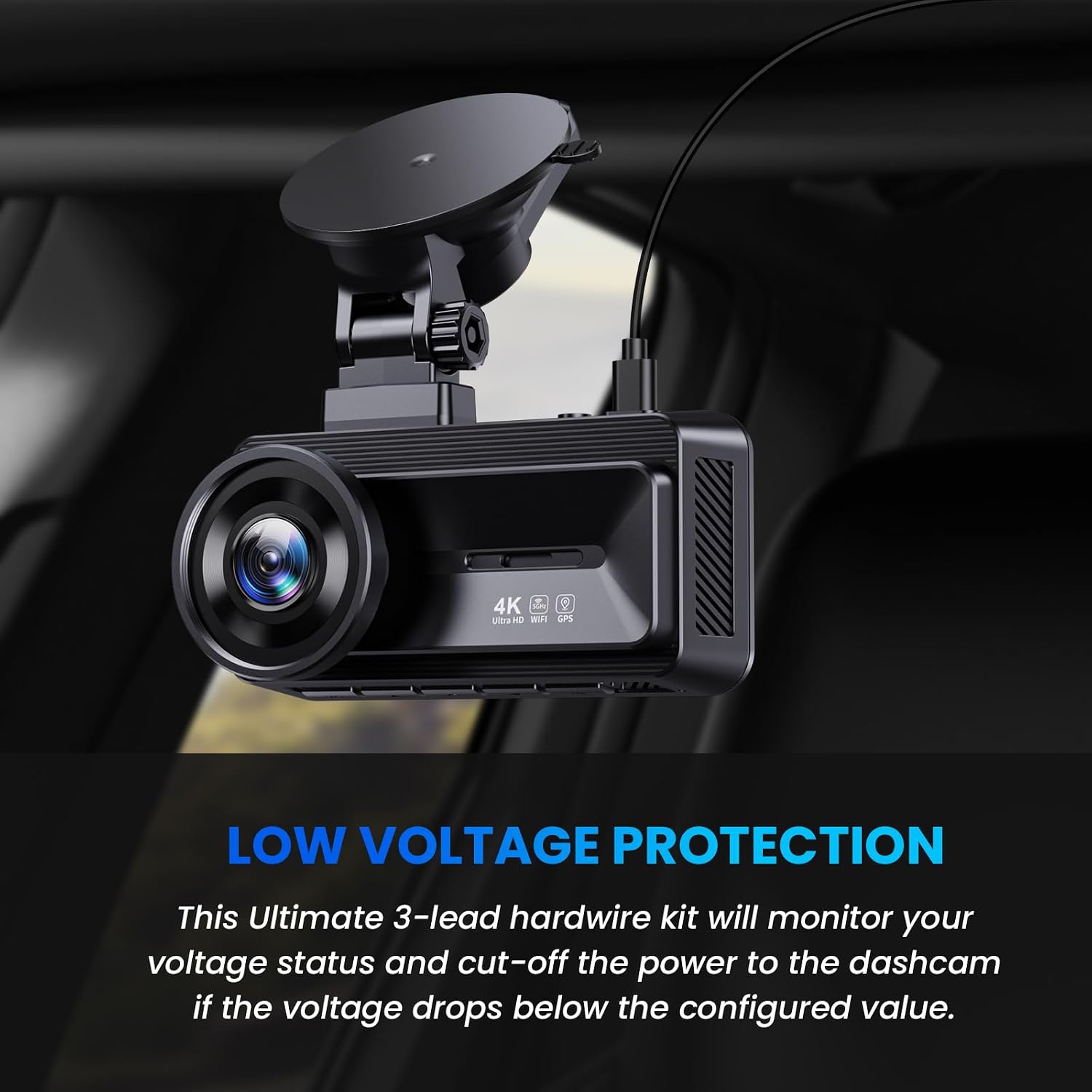 Image highlighting the low voltage protection feature, showing a dash cam and text explaining that the kit monitors voltage and cuts off power if it drops below a configured value.