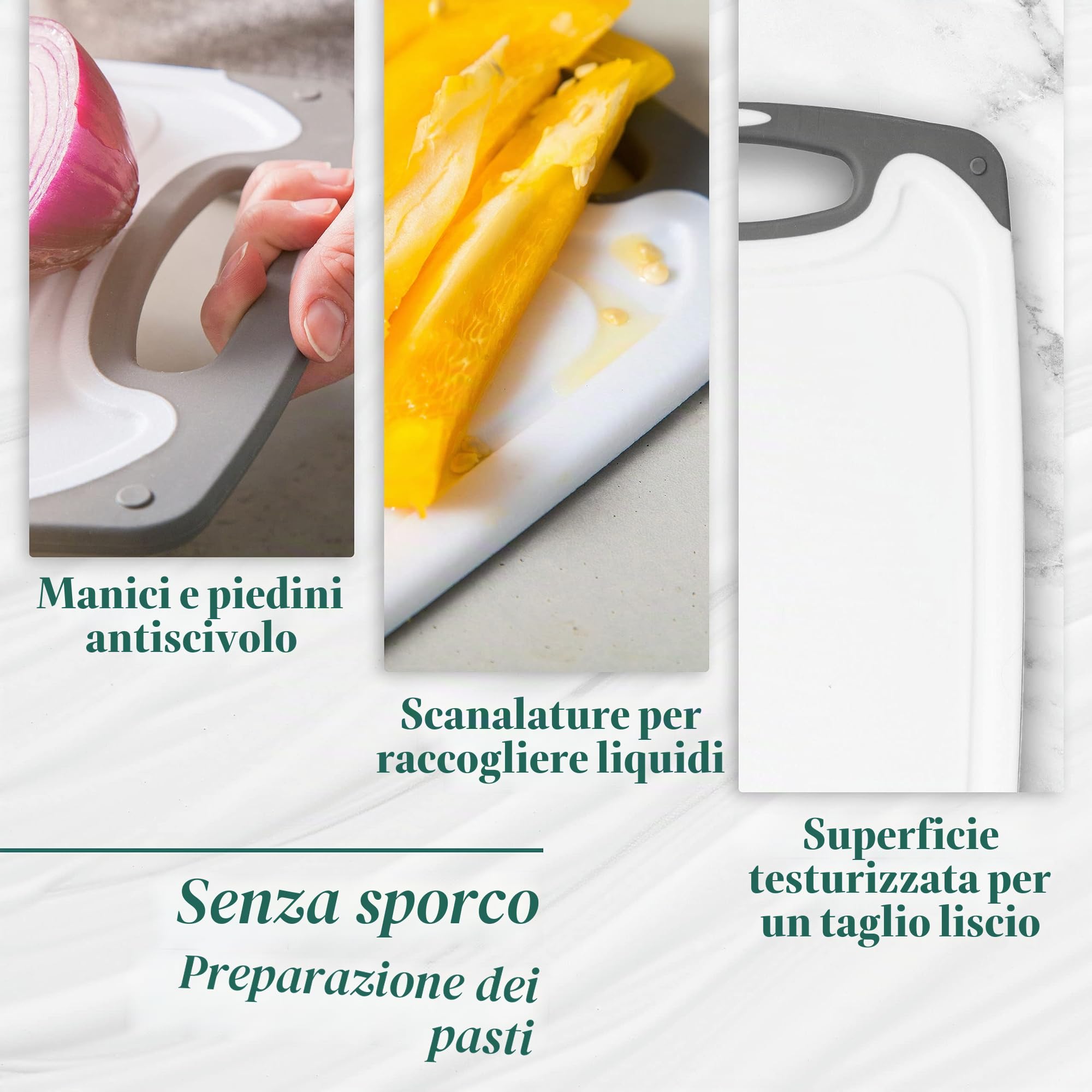 HOMWE Set di taglieri in plastica, 3 taglieri da cucina con manici facili da impugnare e scanalature per succhi