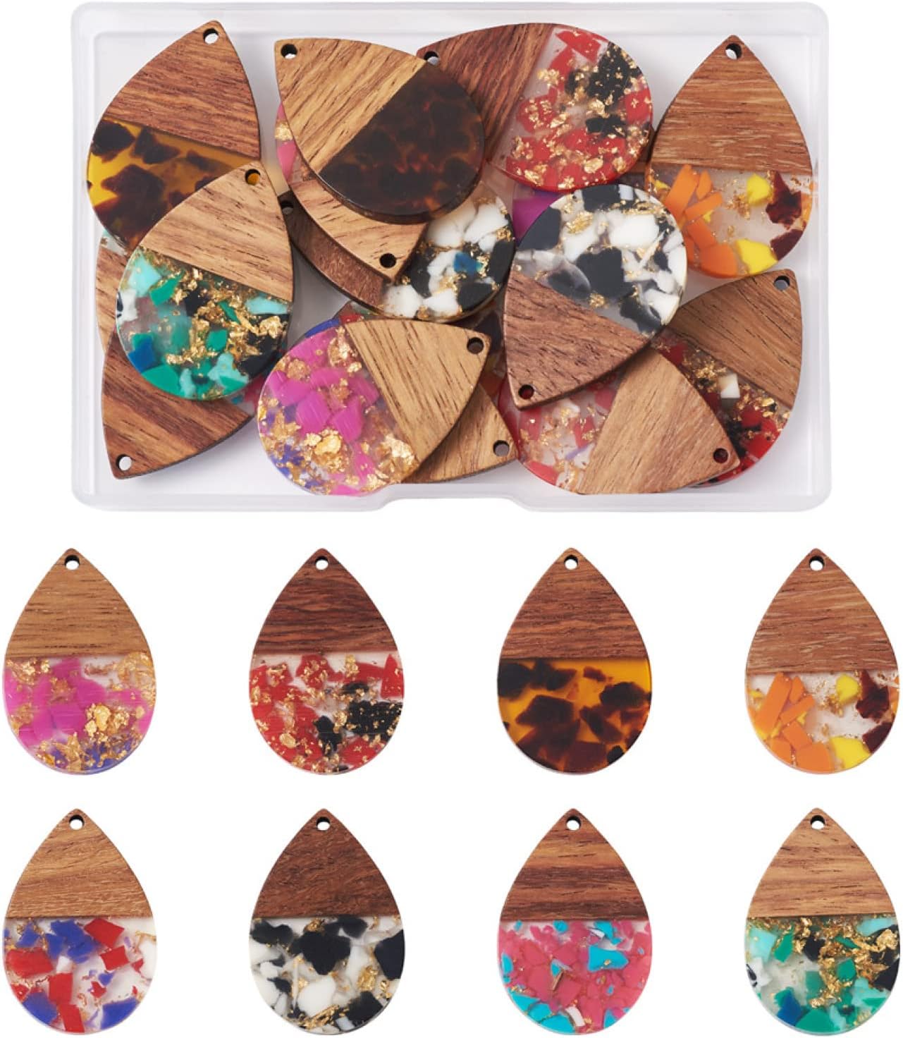 Beadthoven 16pcs Resin Wood Teardrop Charms - 8 Pairs Mixed Colors Gold Foil Water Drop Pendants for DIY Earrings Jewelry