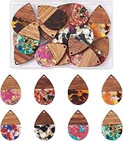 Beadthoven 16pcs Resin Wood Teardrop Charms - 8 Pairs Mixed Colors Gold Foil Water Drop Pendants for DIY Earrings Jewelry