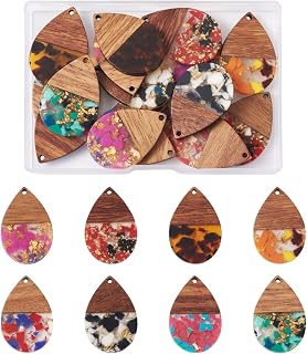 Beadthoven 16pcs Resin Wood Teardrop Charms - 8 Pairs Mixed Colors Gold Foil Water Drop Pendants for DIY Earrings Jewelry