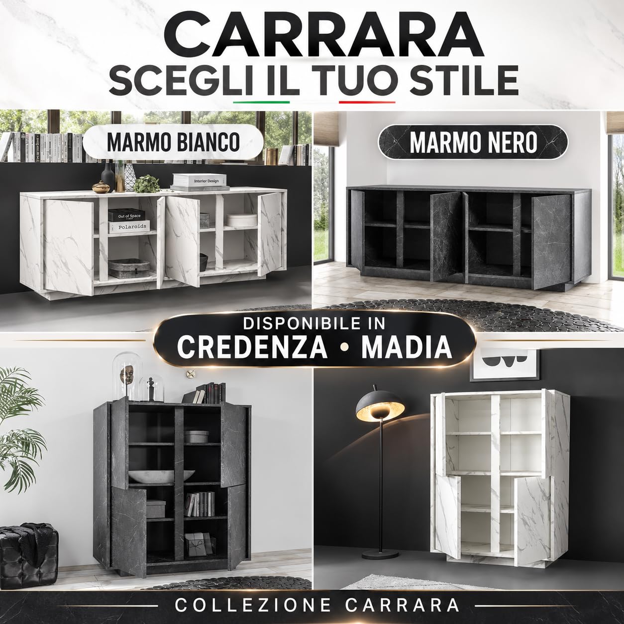 Web Convenienza Madia con 4 Ante Made in Italy – Credenza Contenitore Collezione Carrara per Soggiorno Cucina Ingresso Sala da Pranzo Mobile Design moderno originale Marmo Nero