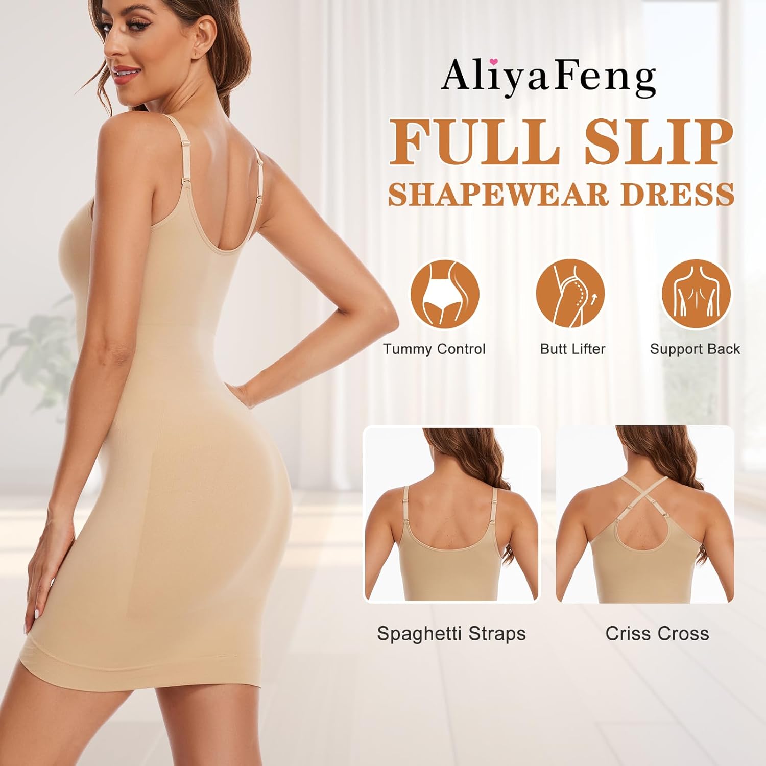 Shapewear Slip Dress for Women Under Dress V Neck Tummy Control Full Slip Seamless Body Shaper Spaghetti Strap - Image 2