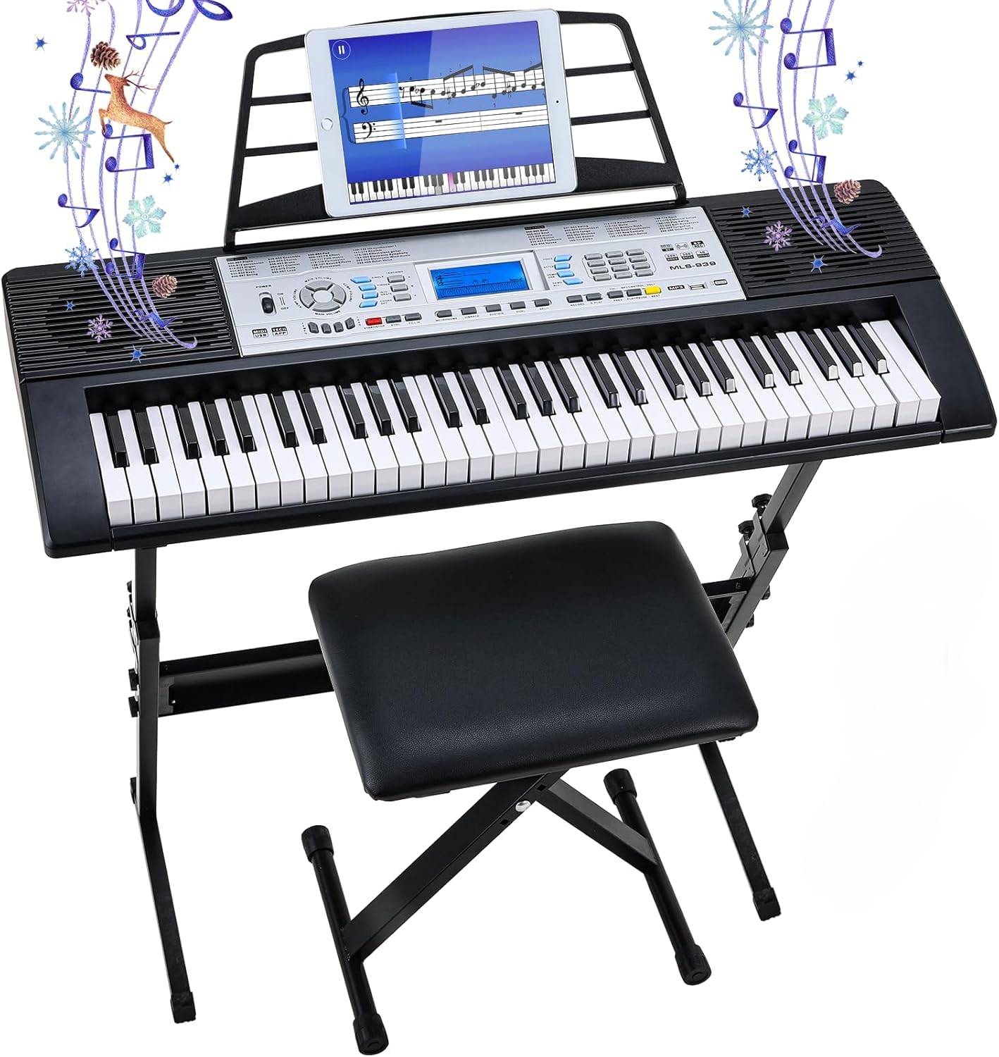 LIFERUN Keyboard Piano 61 Tasten, Digital Klavier-Keyboard Set, mit Ständer, Hocker, 500 Sounds & 3-stufiger Lehrmodus,Doppellautsprechern,LCD-Bildschirm, Electronic Keyboards kinder
