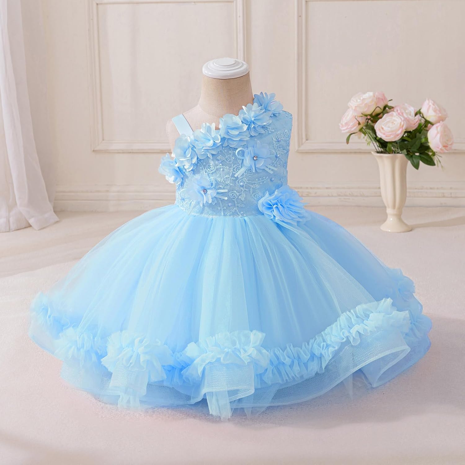IBTOM CASTLE Infant Baby Flower Girl Dress Asymmetric Shoulder 3D Flowers Toddler Wedding Birthday Party Pageant Tutu Dresses