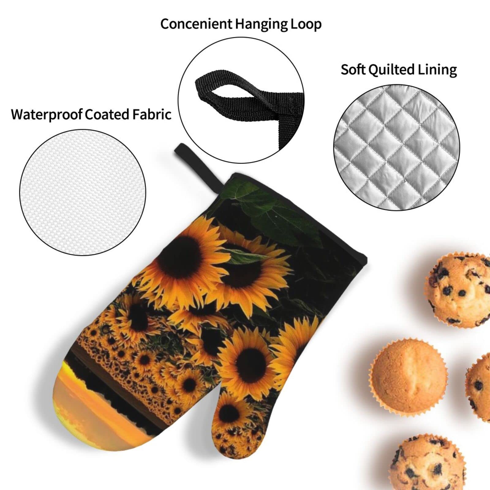 Sonnenblumen Ofenhandschuhe & Topflappen Set (4-teilig) – Hitzebeständige Baumwolle, Mit Aufhänger, Für Backen, Grillen & Kochen