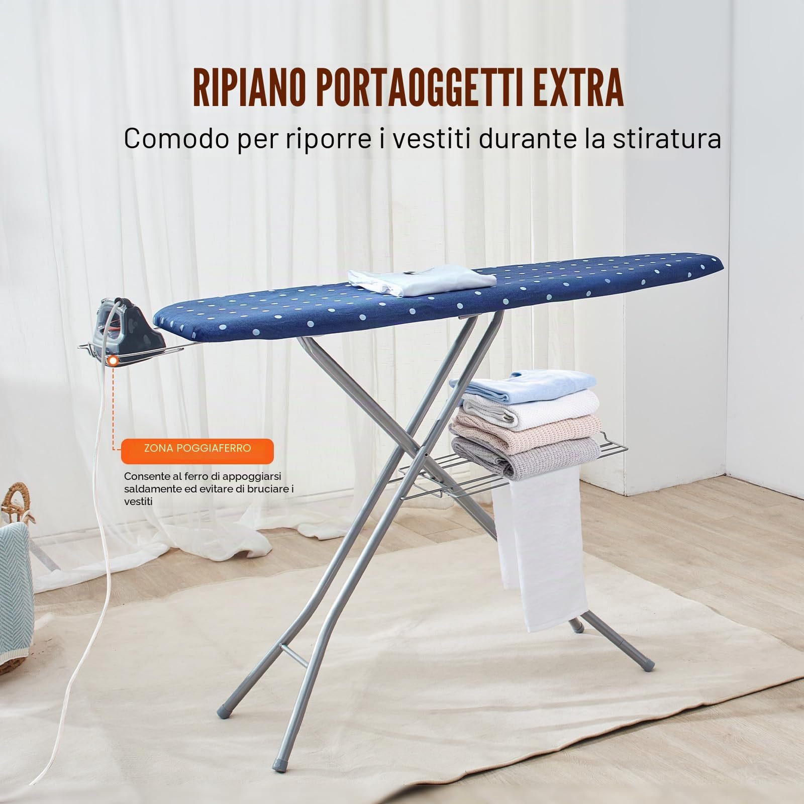 VEVOR Asse da Stiro 140 x 37 cm Asse da Stiro 4 Strati 7 Altezze Regolabili 640-970 mm con Copertura Anti-calore 100% Cotone per Casa Lavanderia Bagno 1540 x 370 x 970 mm, Asse per Stirare Pieghevole