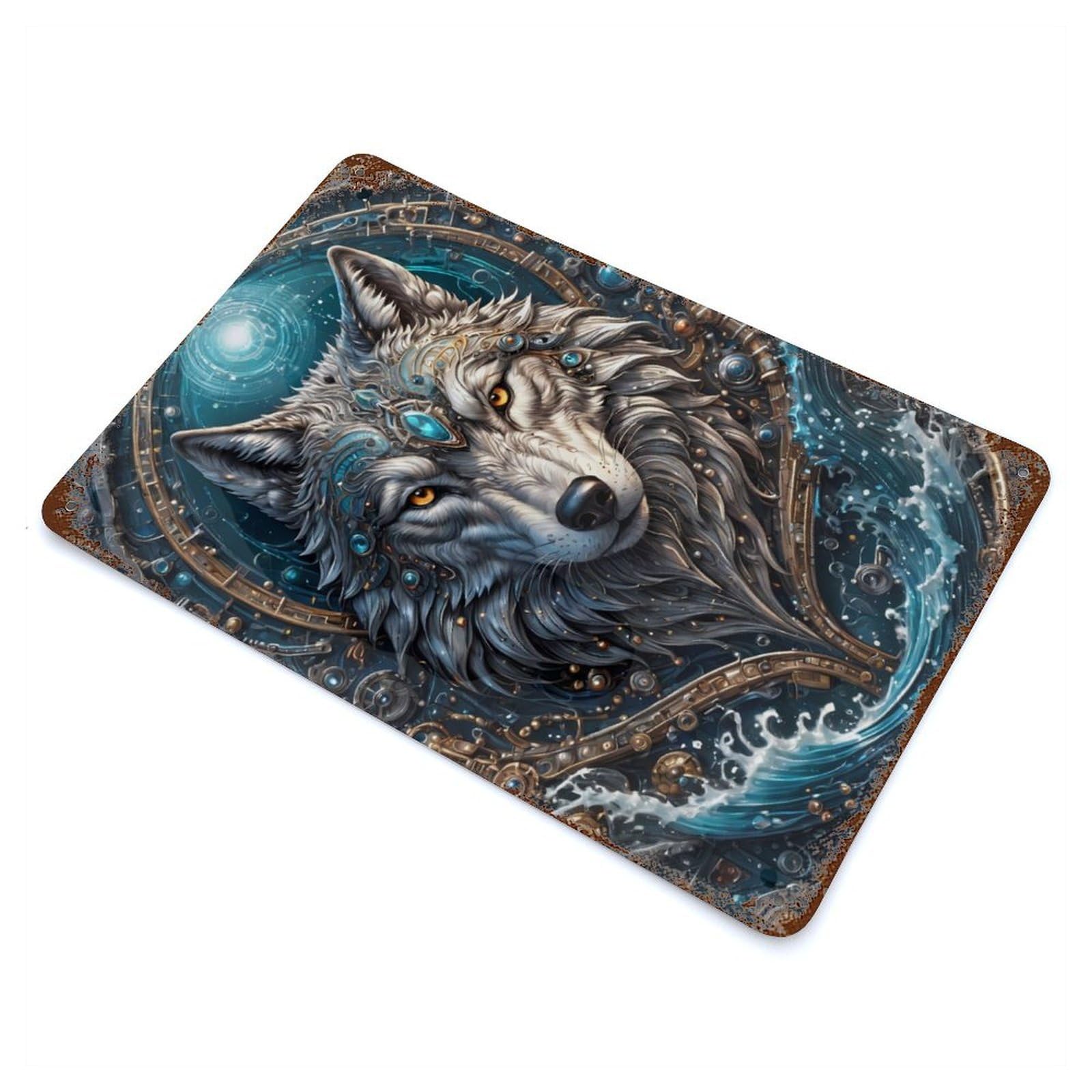 Rust Effect Ocean Wolf Steampunk Weathered Tin Sign 11.8"x7.9", Shabby Chic Decor for Patio, Garden Room And Bar Decor