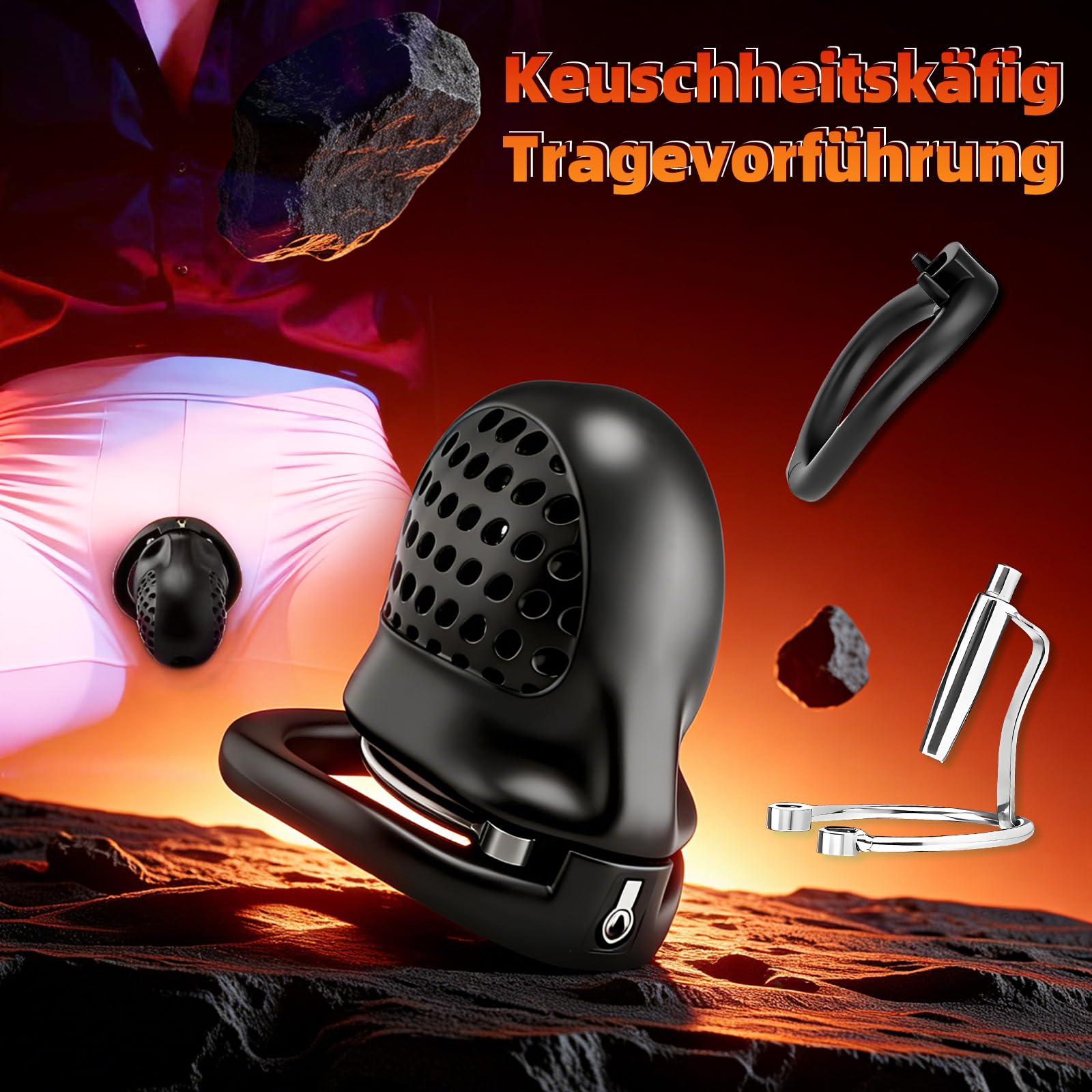 Cage de Chasteté pour Pénis PA Chastity Cage Man avec Cathéter Amovible et 5 Anneaux Sex Toýs Homme Cage de Chasteté Léger et Respirant avec Serrure Dissimulée pour Contention du Pénis (A)