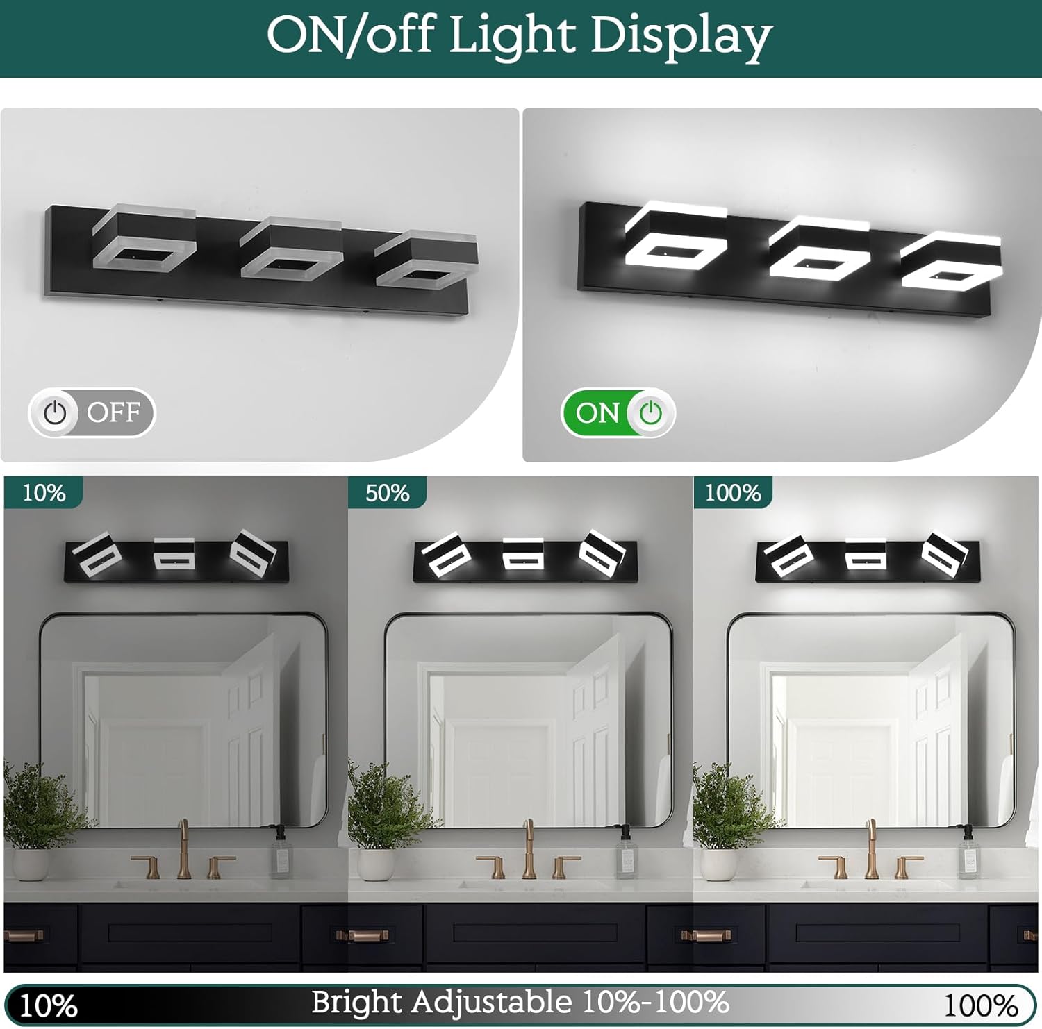 LED Modern Bathroom Vanity Light, 24 in Modern Bathroom Light Fixtures Over Mirror, Matte Black Wall Light, 6000K Cool White Vanity Lights with 360° Adjustable Heads Acrylic Shades