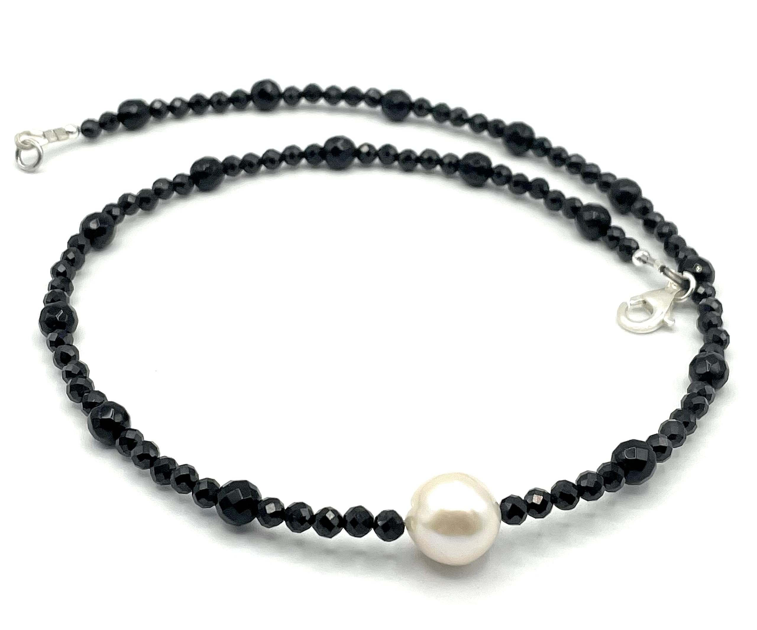 Collar de Plata 925 y Perla Barroca Blanca e Espinela Negra, Joyas Artesanales, Estilo Contemporaneo, Regalo para Mujer