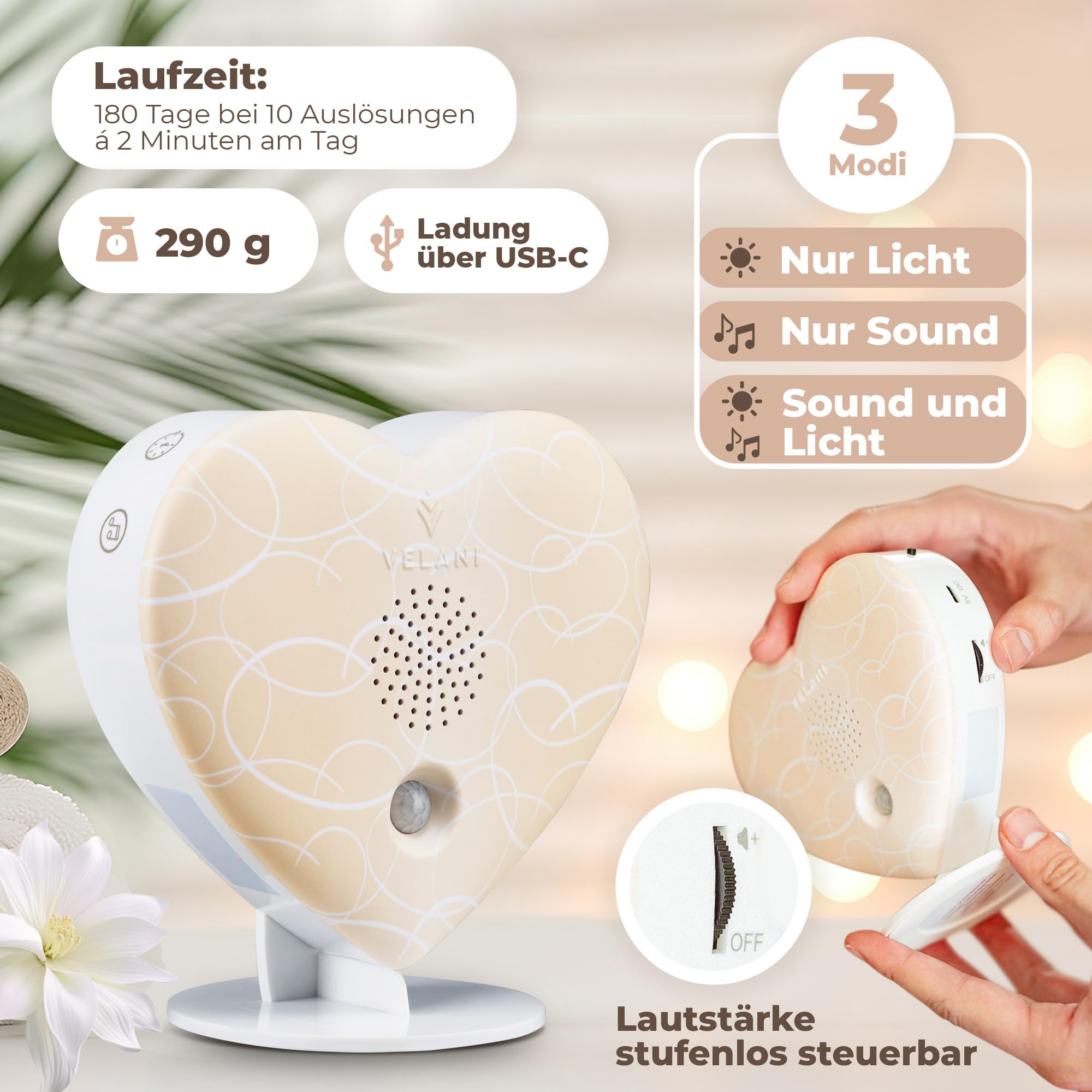 Zwitscher Naturgeräusche Box mit Bewegungsmelder - 18 brillante Klänge, Timer 2–120 Min. für Entspannung im Gäste WC, Vogelgezwitscher Box – VELANI Prestige (Pastell-Cremeweiß, Herz)