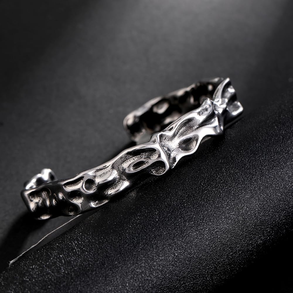 YWMAN Silver Hammered Open Cuff Bracelet, Wavy Textured Design,Stainless Steel Fashion Bangle Bracelet for Women Men