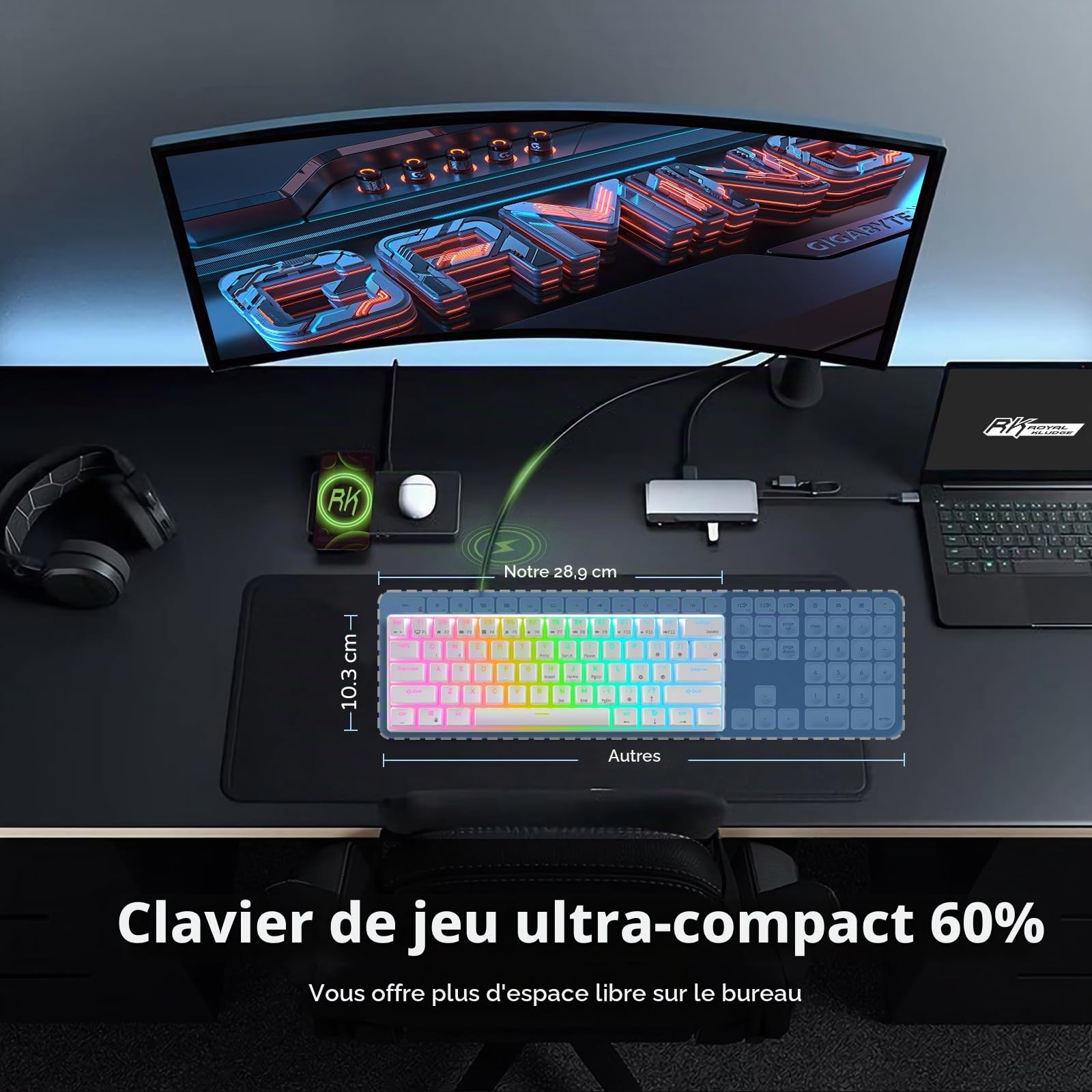 RK ROYAL KLUDGE RK61 Clavier de jeu filaire 60 % mécanique programmable QMK/VIA RVB rétroéclairé 61 touches Ultra-compact Hot Swap Marron Interrupteur blanc
