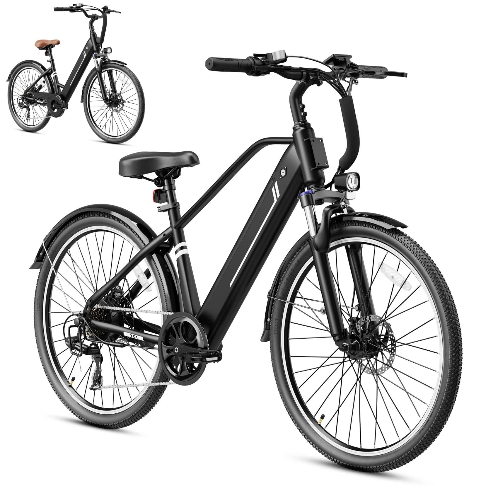 Jasion 26" Electric Bike for Adults,1200W Peak Motor 28MPH City Commuter Ebike,50 Miles Range,Internal Removable Electric Bicycle,3 Riding Modes and Front Fork Suspension,UL2849 Certified