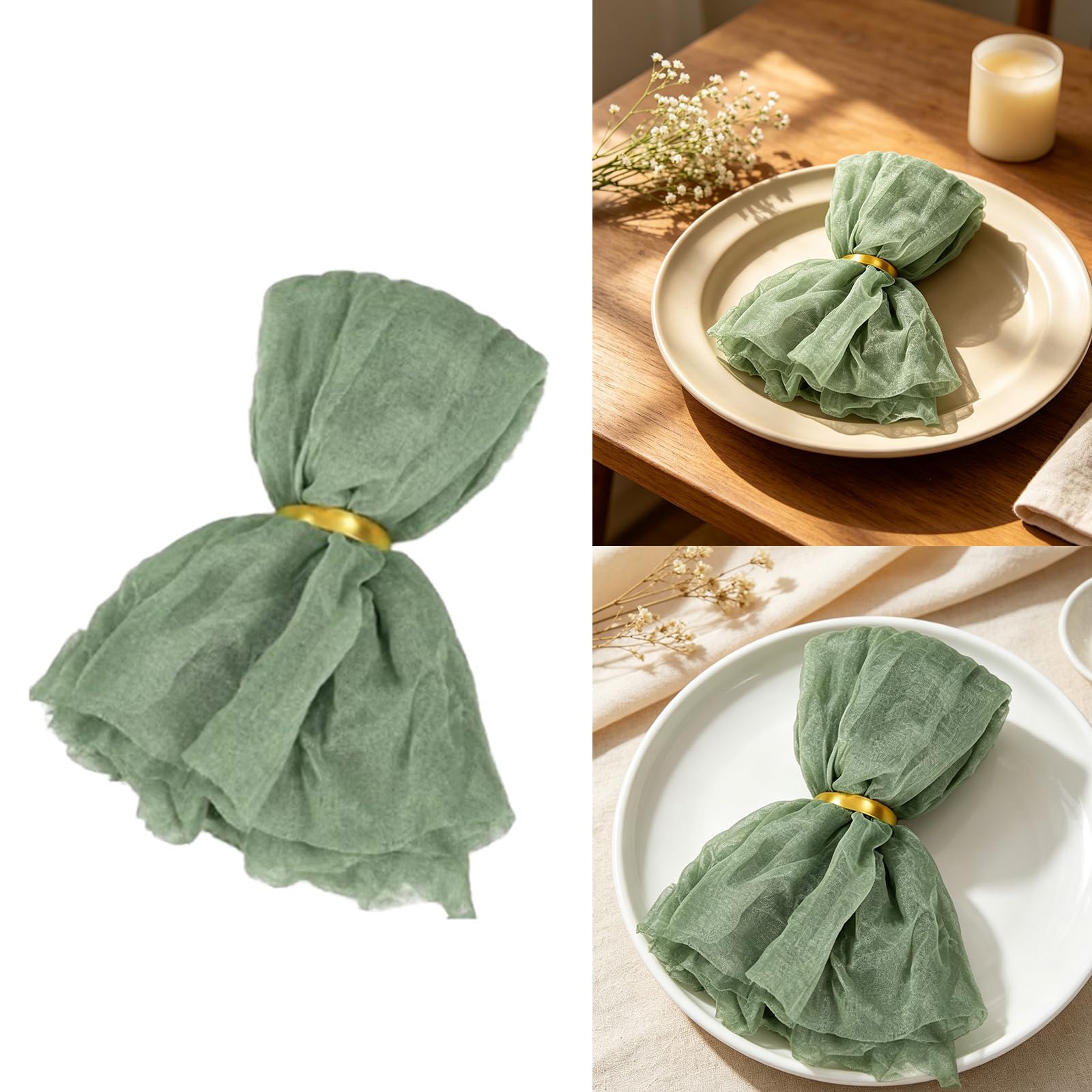 Serviettes de Table en Gaze avec Supports coordonnés, Linge de Table en Polyester réutilisable pour décoration de Table de fête, décoration de réception, Serviettes de Table en Gaze froissée,