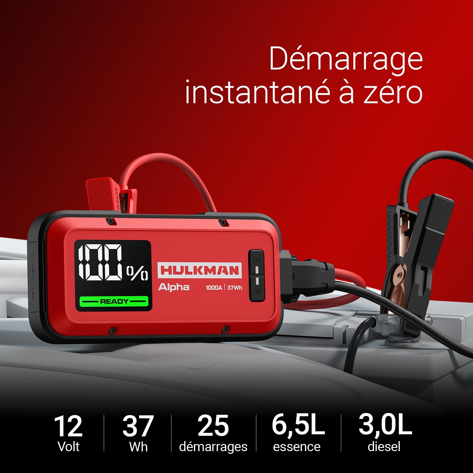 HULKMAN Alpha Ultra Red Démarreur 1000A 37Wh,Compact et Élégant,Boîtier de Démarrage 12V avec Câbles,Recharge Complète en 45 Min, Veille 24 Mois,IP65, Écran LED,pour Moteurs Essence 6.5L / Diesel 3.0L