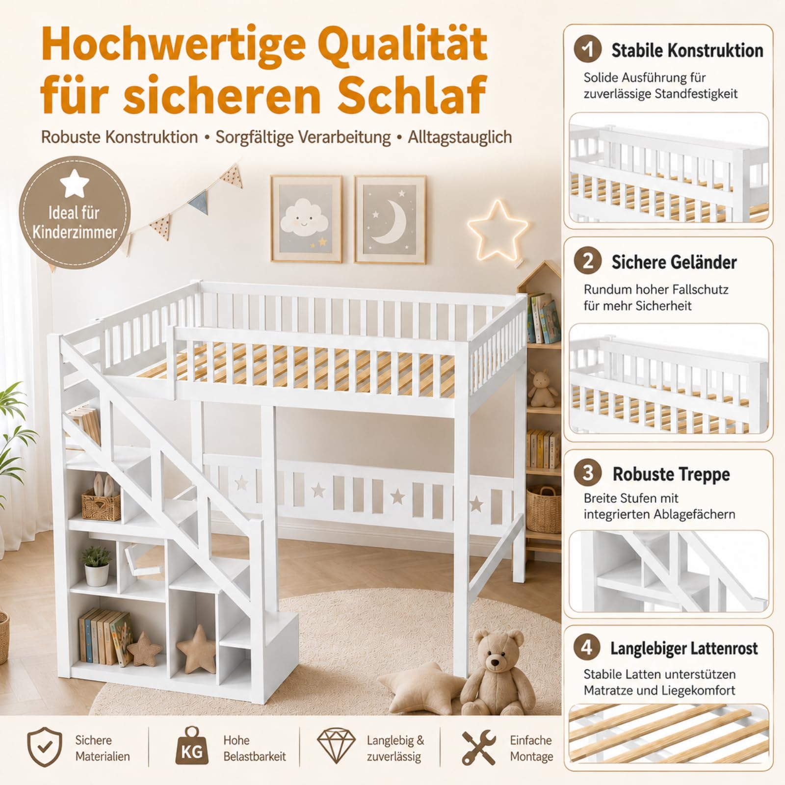Hochbett 90x200 cm, Etagenbett mit Treppe und Rausfallschutz, Kinderbett mit Aufbewahrungsschrank, Funktionsbett Kinderhochbett Stockbett mit Lattenrost, Spielbett für Jungen Mädchen