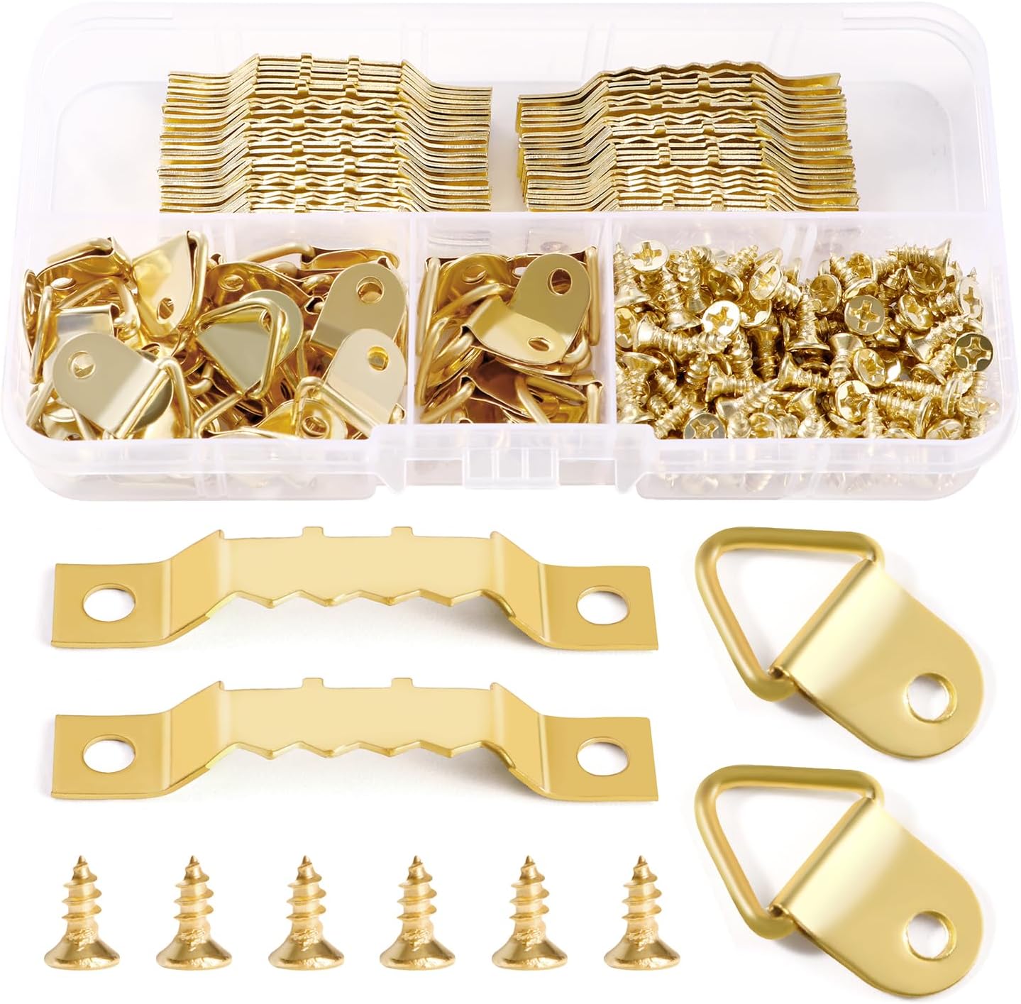 YIXISI 100 Pezzi Ganci Cornici Quadri, Triangolo Anello Gancio, D Anelli Cornice per Foto, Ganci Appendi Quadri, con 100 Pezzi Viti, per Foto Pitture, Decorazione Della Casa, Dorato
