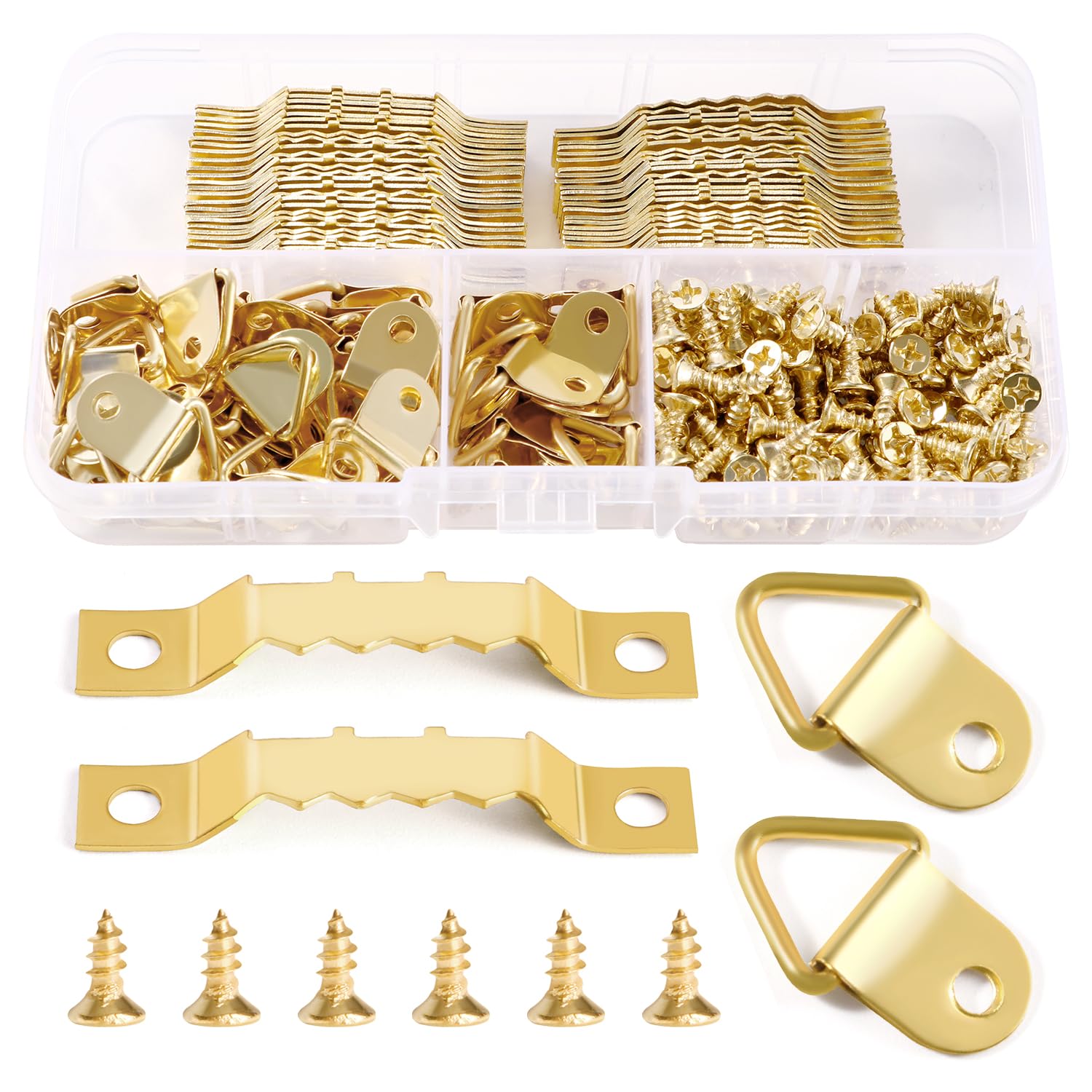 YIXISI 100 Pieces Picture Frame Hooks Set, Sawtooth Hooks, Triangle Ring Hook, Picture Hangers, with 150 Pieces Screws, for Photo Painting, Home Decoration, Golden