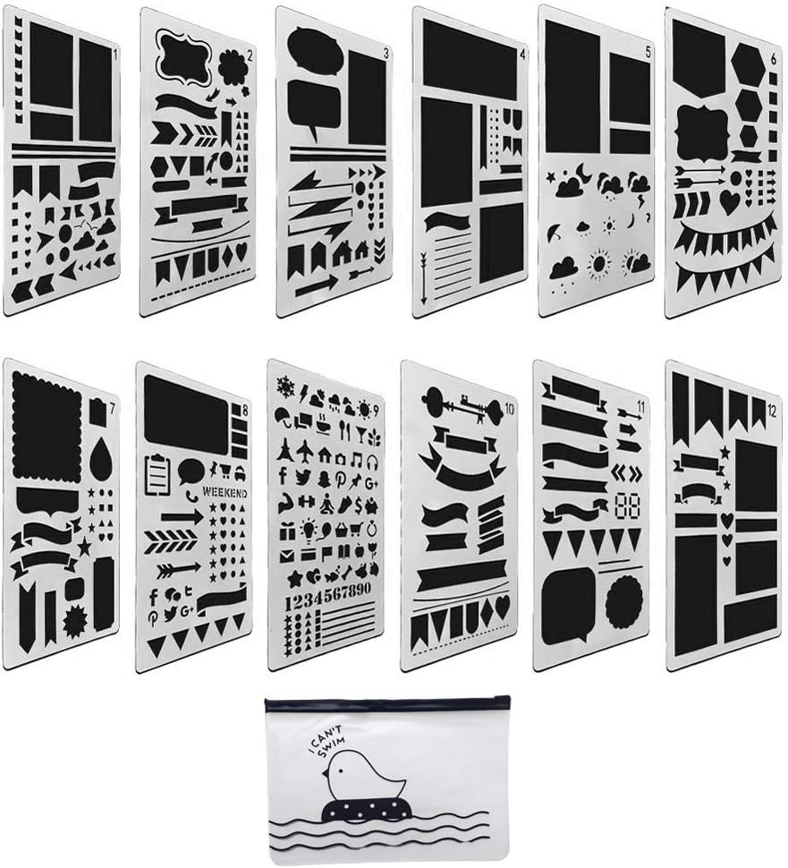 Journal Stencil Set Plastic Planner Stencils 12 Pieces New Design Sheets DIY Journal Accessories for Travel Journal Work Schedule Scrapbook Notebook and Christmas Gift Card, Sirensky