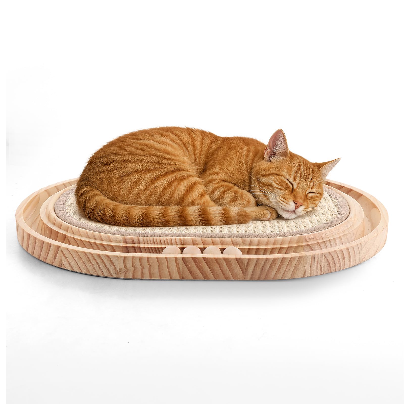 Aramanara Wood Cat Scratching Board, Oval Scratching Mat, 43x33x3 cm Cats Scratch Pad with Trackball for Indoor Cats