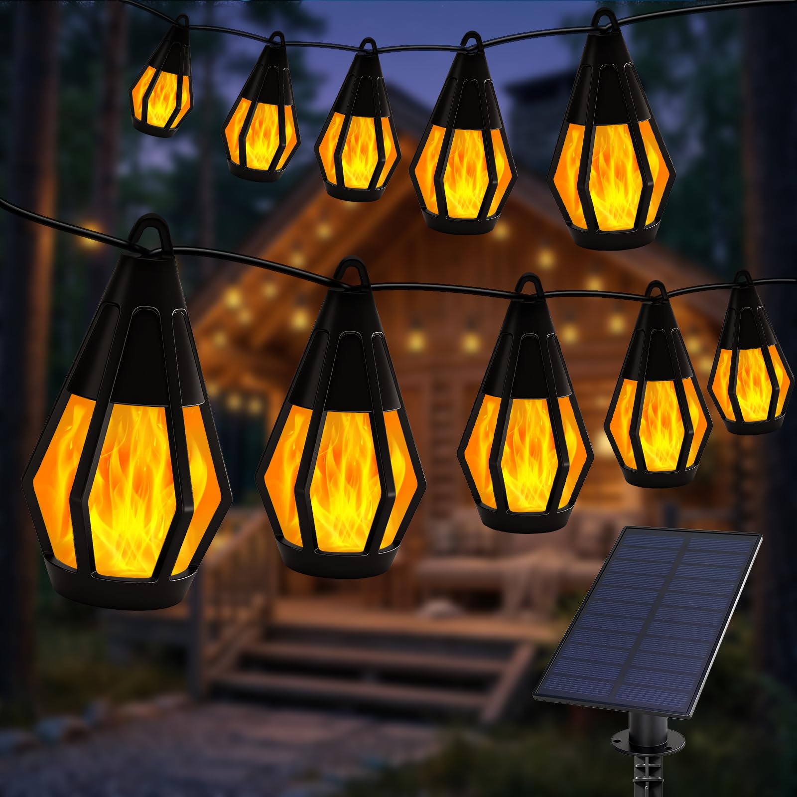 Solar-Lichterkette für den Außenbereich, 15 LEDs, warmweiße Flamme, 15 m | Wasserdichte Solar-Lichterkette für den Außenbereich, Baum, Halloween, Terrasse, Garten, Veranda, Party-Dekorationen