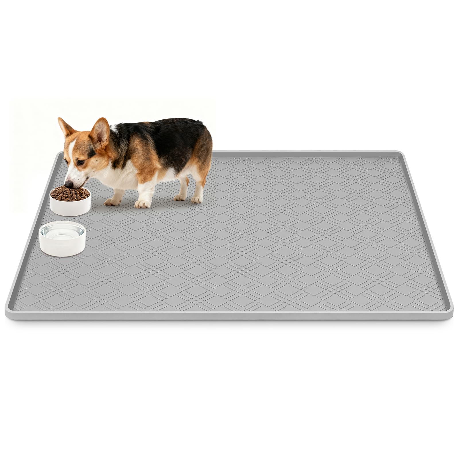Kalolary 42 x 29 pollici Tappetino per Cibo per Cani (Grigio Chiaro) | Grande Tappetino in Silicone Cani con Bordo Rialzato Antiscivolo Ciotola Cibo e Acqua Facile Pulire Protezione Pavimento