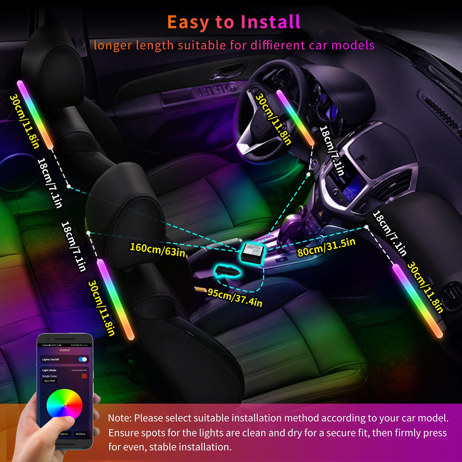 ATOTO Éclairage Intérieur de Voiture Contrôle APP, 160 LEDs RGB Decoration Voiture avec 16 Millions de Couleurs Changeantes et Modes Musicaux DIY, Contrôle Indépendant Avant et Arrière, CI-FLT01