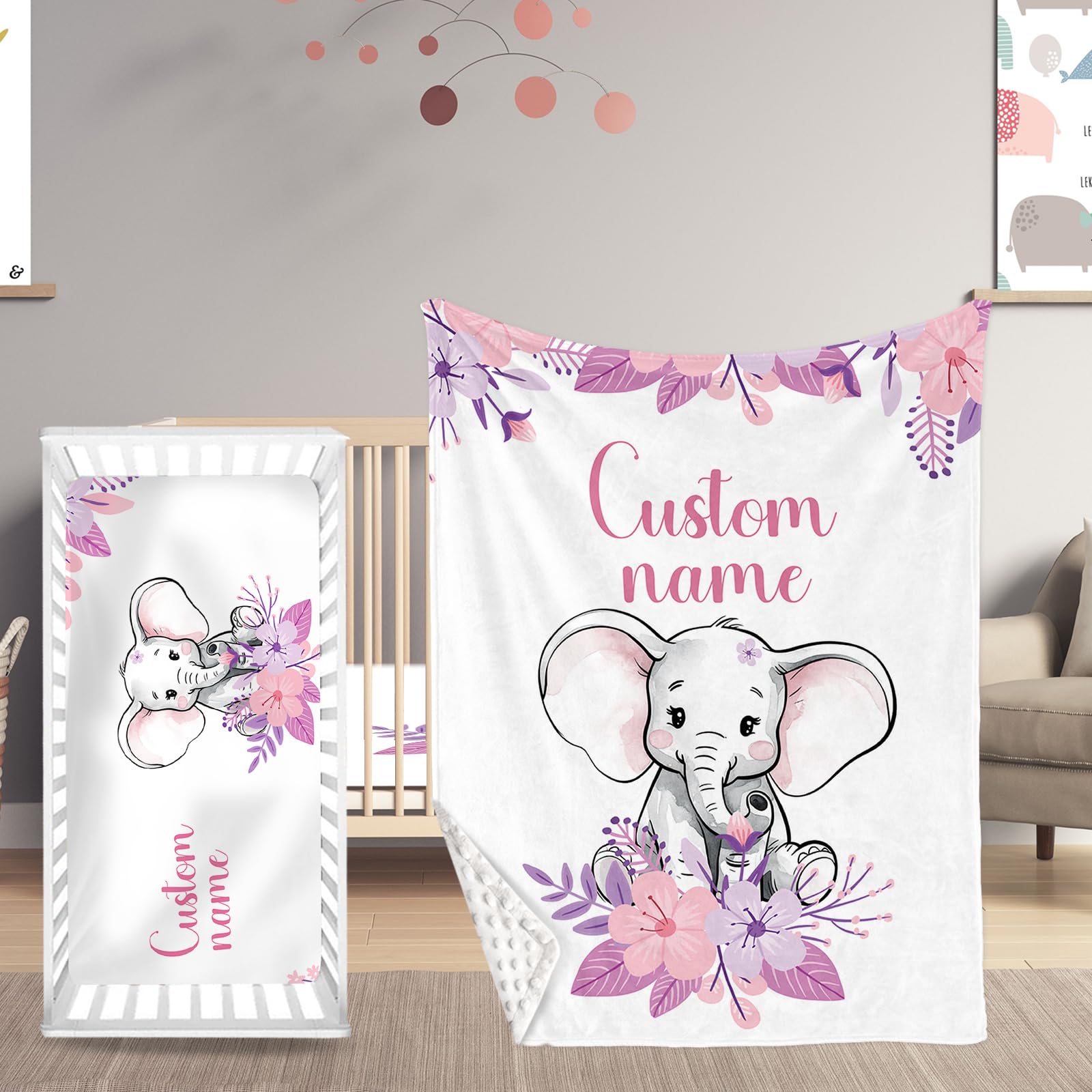 Personalized Name Baby Crib Bedding Set, Custom Elephant with Flowers 2 Piece Set for Girls, Soft Blanket with Dotted Backing and Fitted Sheet, Perfect for Baby Newborn Shower Gift