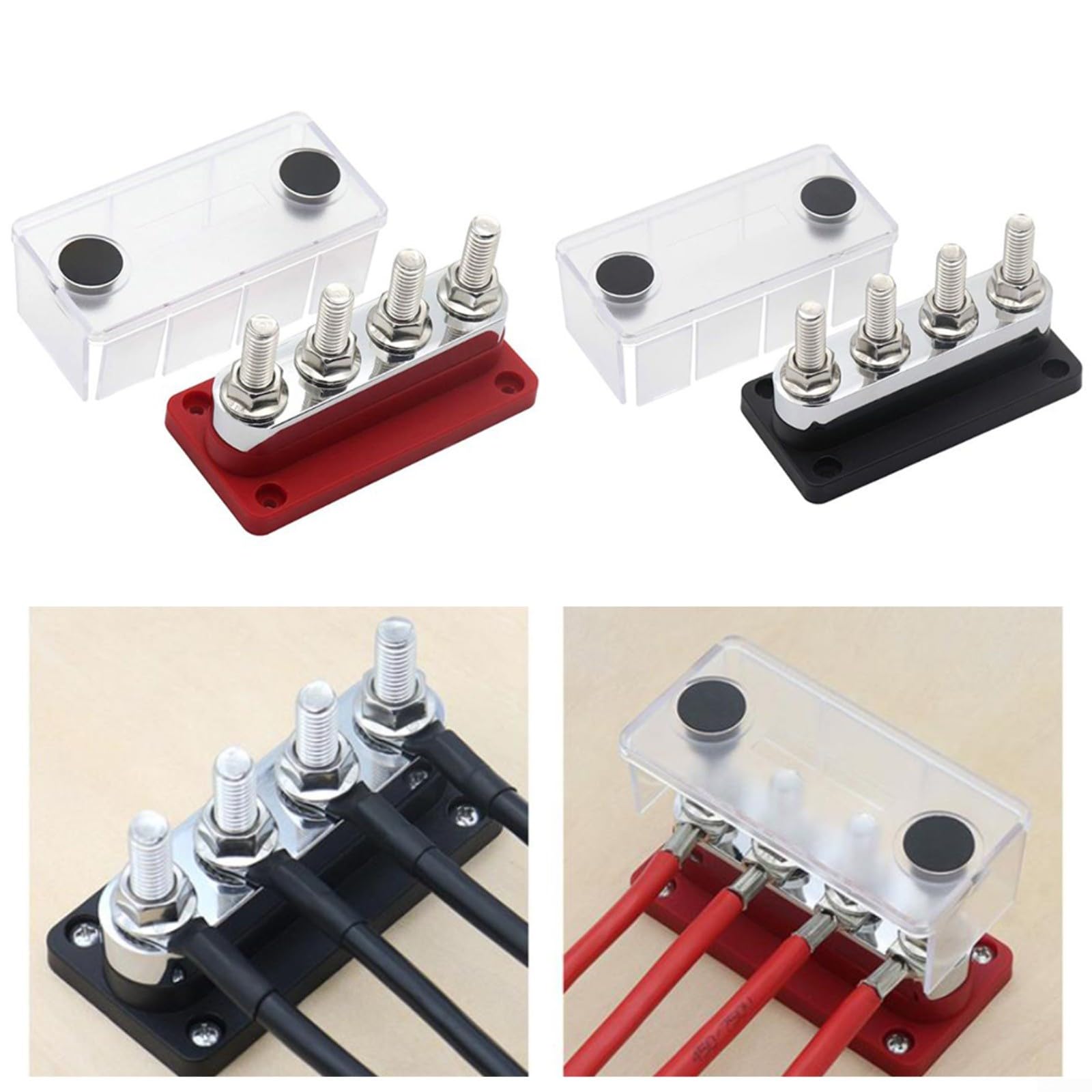 Bloc de distribution d'alimentation 600 A 48 V CC, boîte à bornes à 4 poteaux de 9,5 mm pour voiture, camion, camping-car, système électrique marin, coque en plastique robuste (rouge)