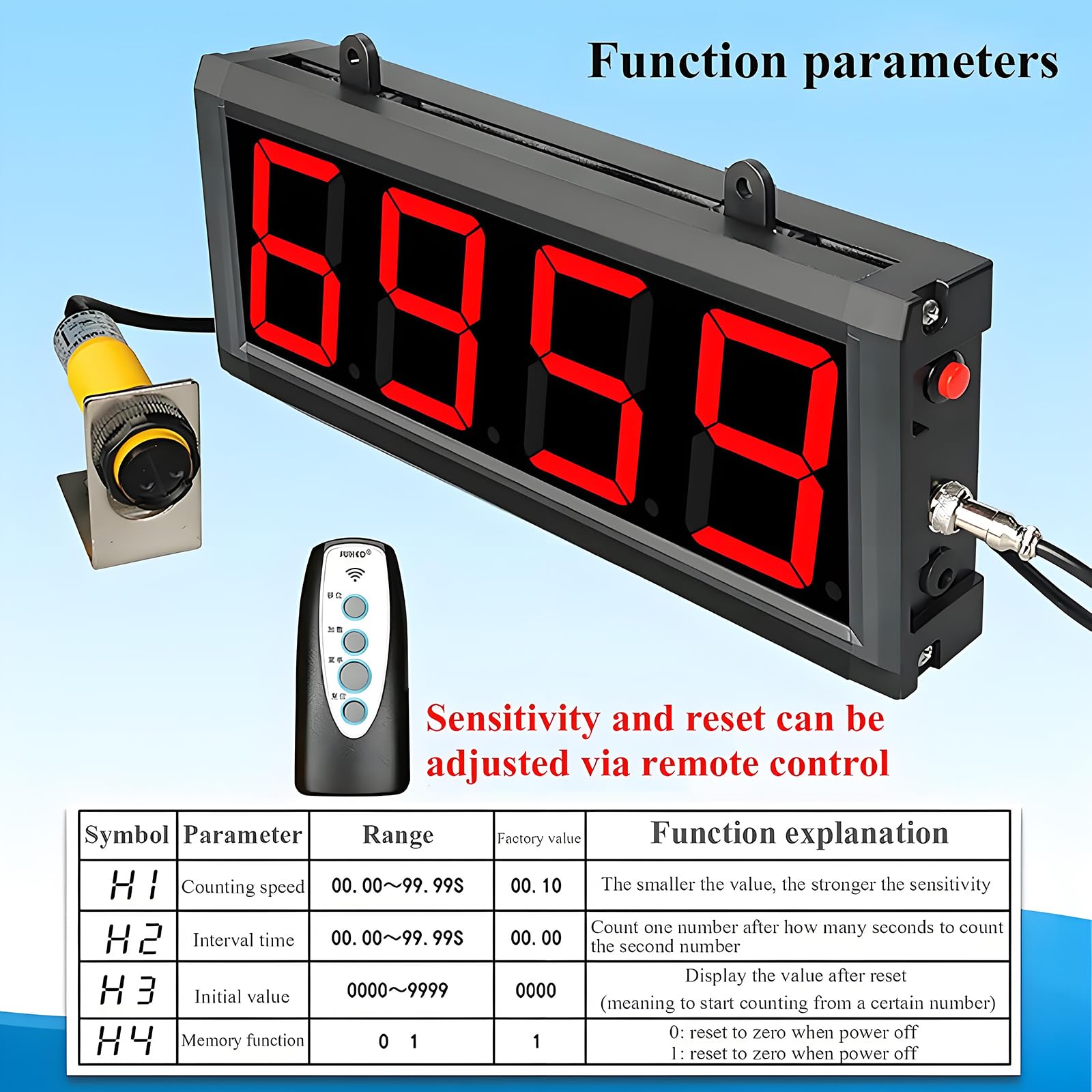 Contador digital para línea de producción con pantalla digital, control remoto, sensor de 5 m, reconocimiento bidireccional y memoria de transferencia de material tras corte de energía.