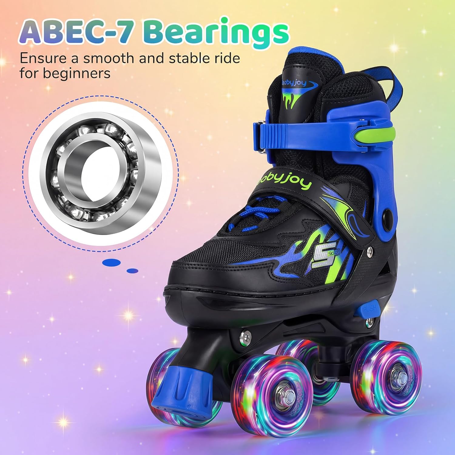BABY JOY Roller Skates, 4 Sizes Adjustable Quad Skates for 5-14 Years Old Boys Girls Teens with Light-up Wheels & Safety Protection, Fun Illuminating Kids Skates