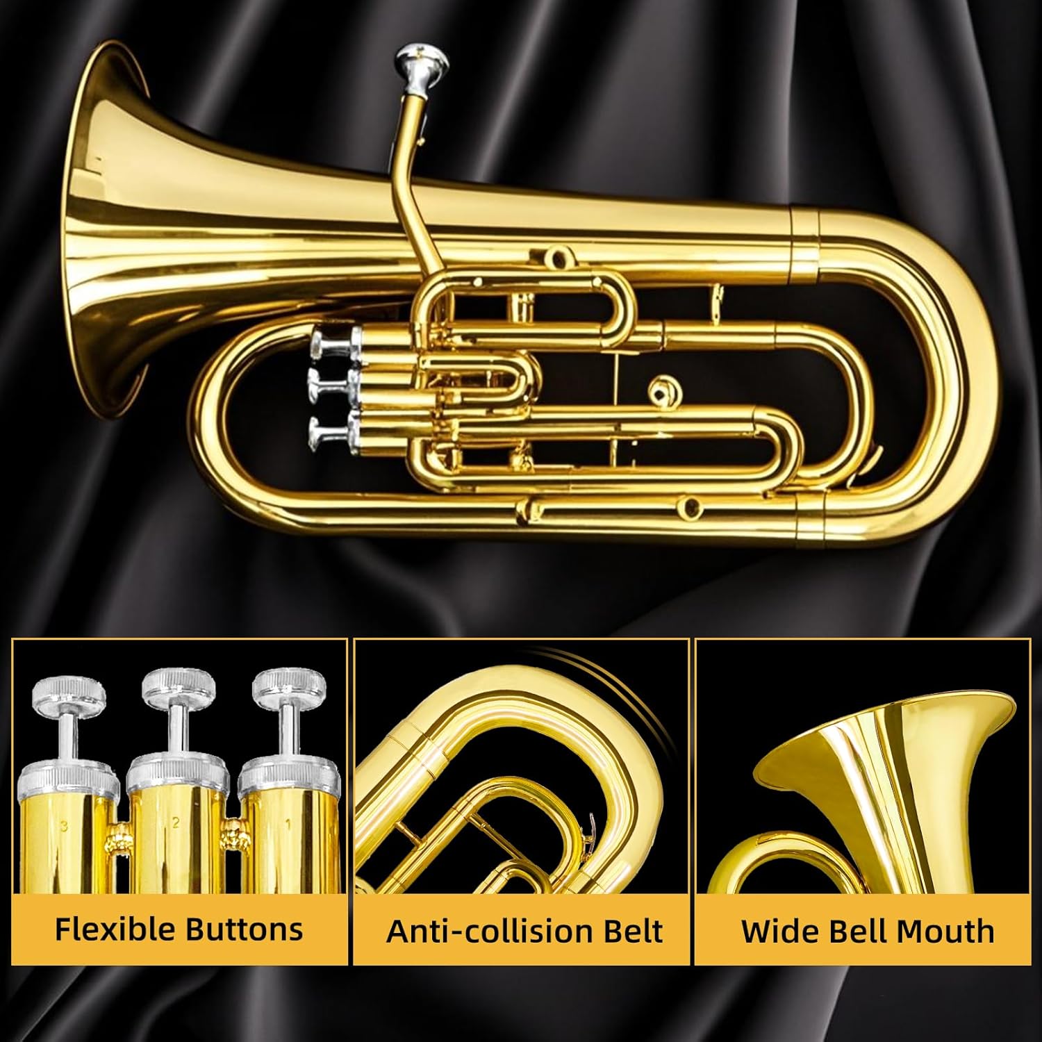 Bb Euphonium for Beginners & Pros - Premium Brass Instrument with Hard Case, Mouthpiece, Cleaning Kit & Gloves. Ideal for Brass Band, Solo & Ensemble. Superior Sound & Durability