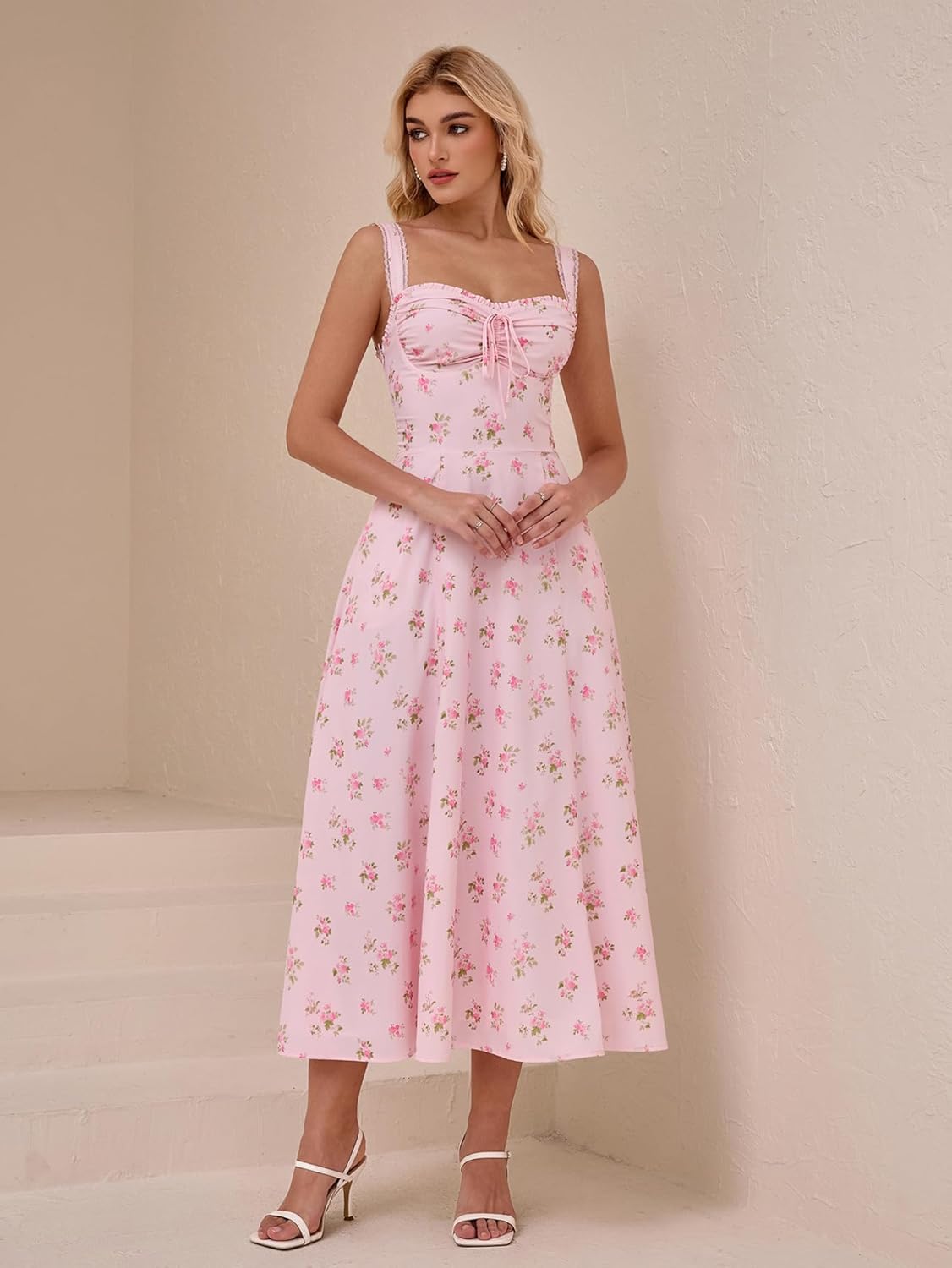 KUTUMAI Floral Corset Midi Dresses for Women 2026 Lace Up Flowy Summer Wedding Guest Dress with Pockets - Image 2