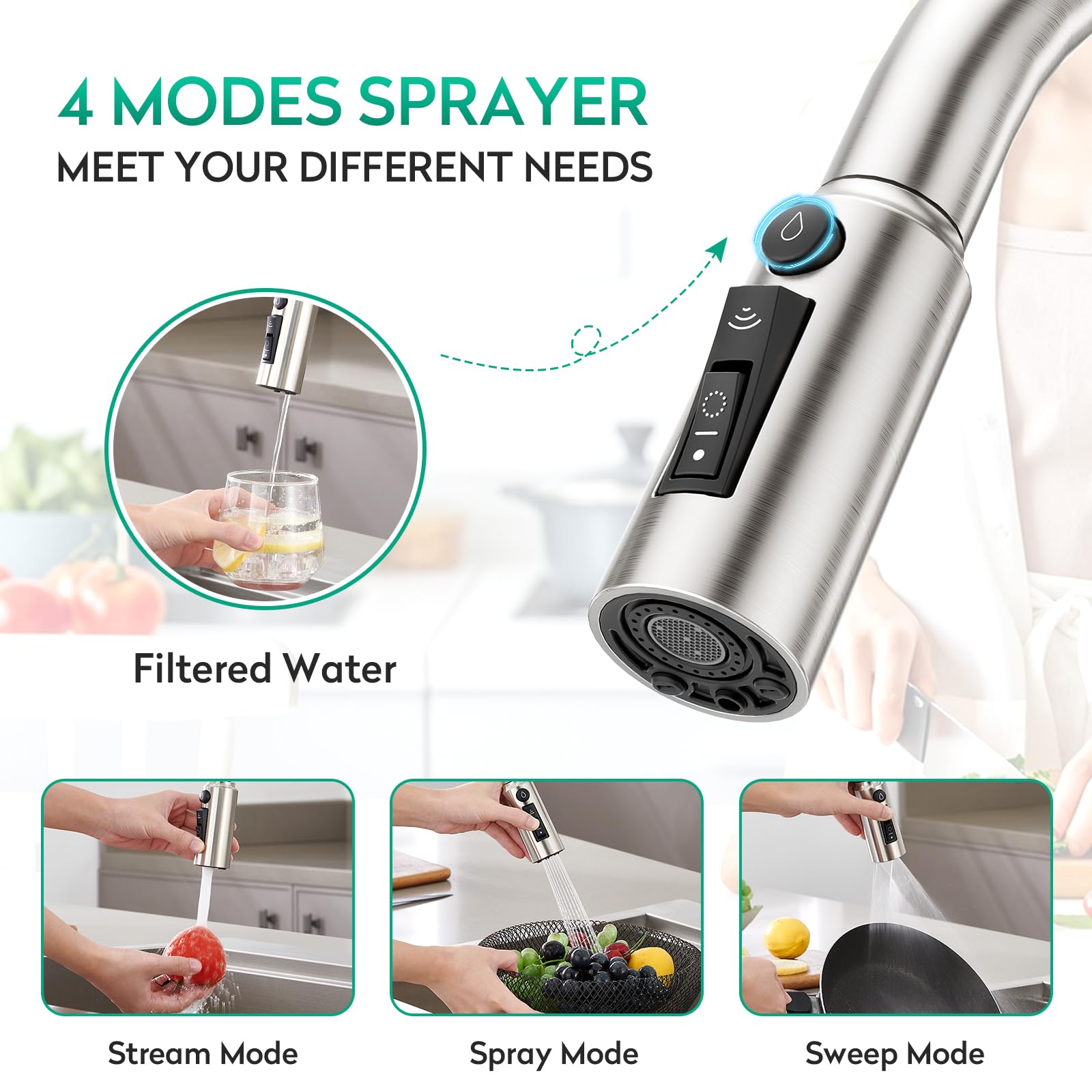 CREA 3 Wege Küchenarmatur mit Brause, Drei Wege Wasserhahn Küche Ausziehbar, 360° Drehbar 3 Wege Mischbatterie, Einhand Trinkwasserhahn, 3 in 1 Spültischarmatur, 3 Wege Armatur,Edelstahl Gebürstet
