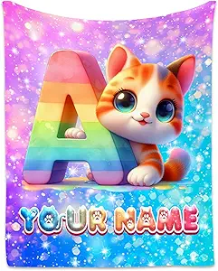 Cat Lovers Blanket with Name - Personalized Flannel Blankets for Girls - Customized Cat Theme Gifts - Cute Pattern Soft Cozy Throw for Sofa Living
