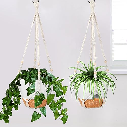 Miniatura 5 de GARDIFE Macetas colgantes de 10 pulgadas con colgador de plantas de macramé para plantas de interior y exterior, paquete de 2 macetas grandes con