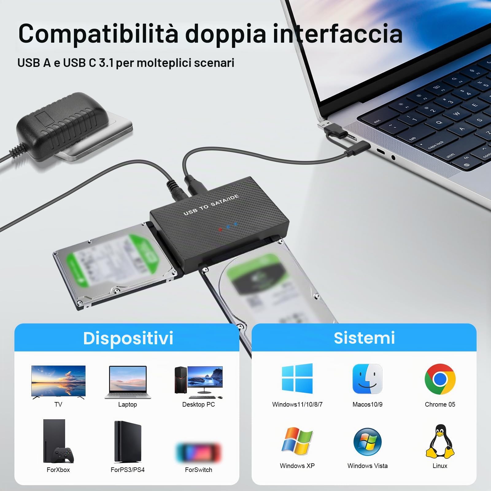6Gbps USB3.1 a SATA IDE Adattatore per Disco Rigido Convertitore SATA&IDE, Adattatore USB3.1 IDEeSATA per Unità HDD o SSD da 2,5 e 3,5 Pollici, CD-ROM, CD-RW, DVD-RW