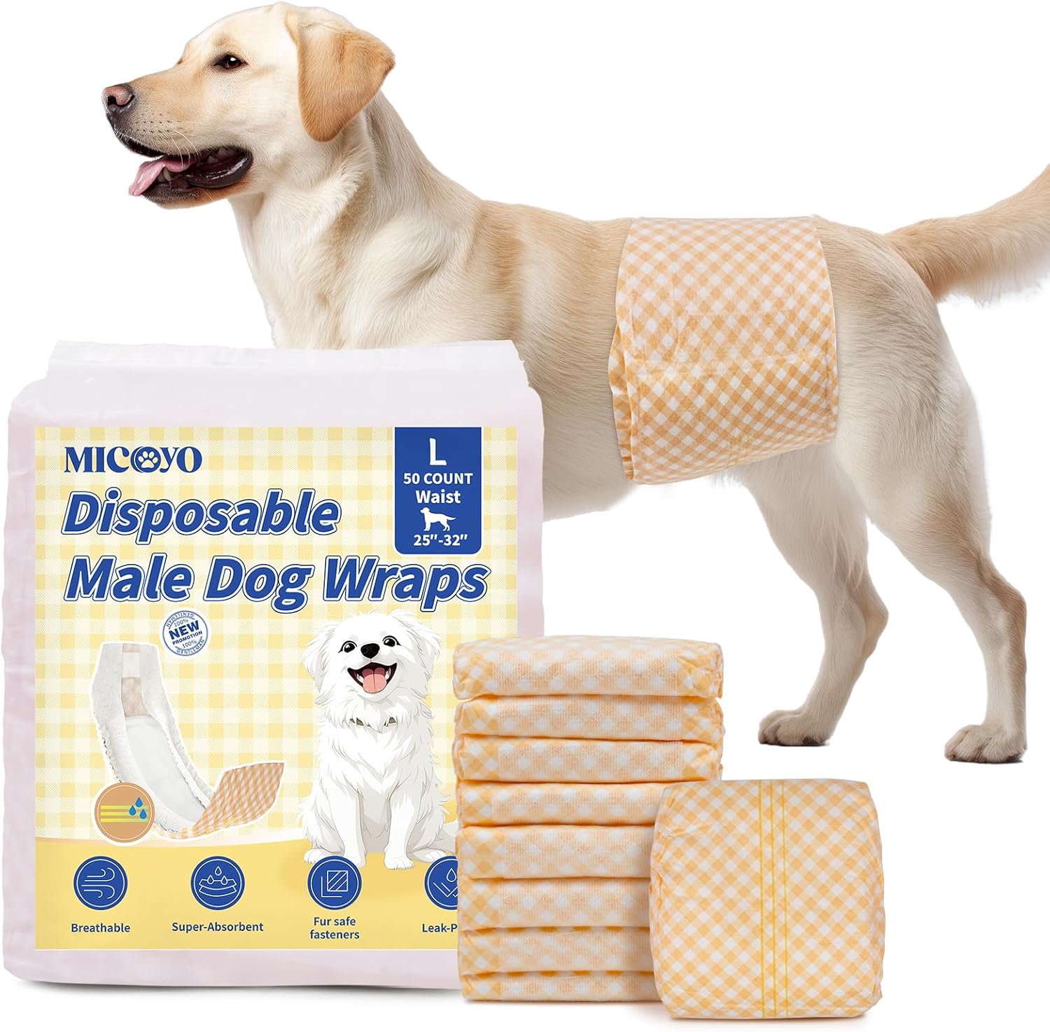 MICOOYO Disposable Male Dog Wraps, Male Dog Diapers Disposable with Wetness Indicator, Puppy Diapers Super Absorbent and Breathable, Large Size 50 Count