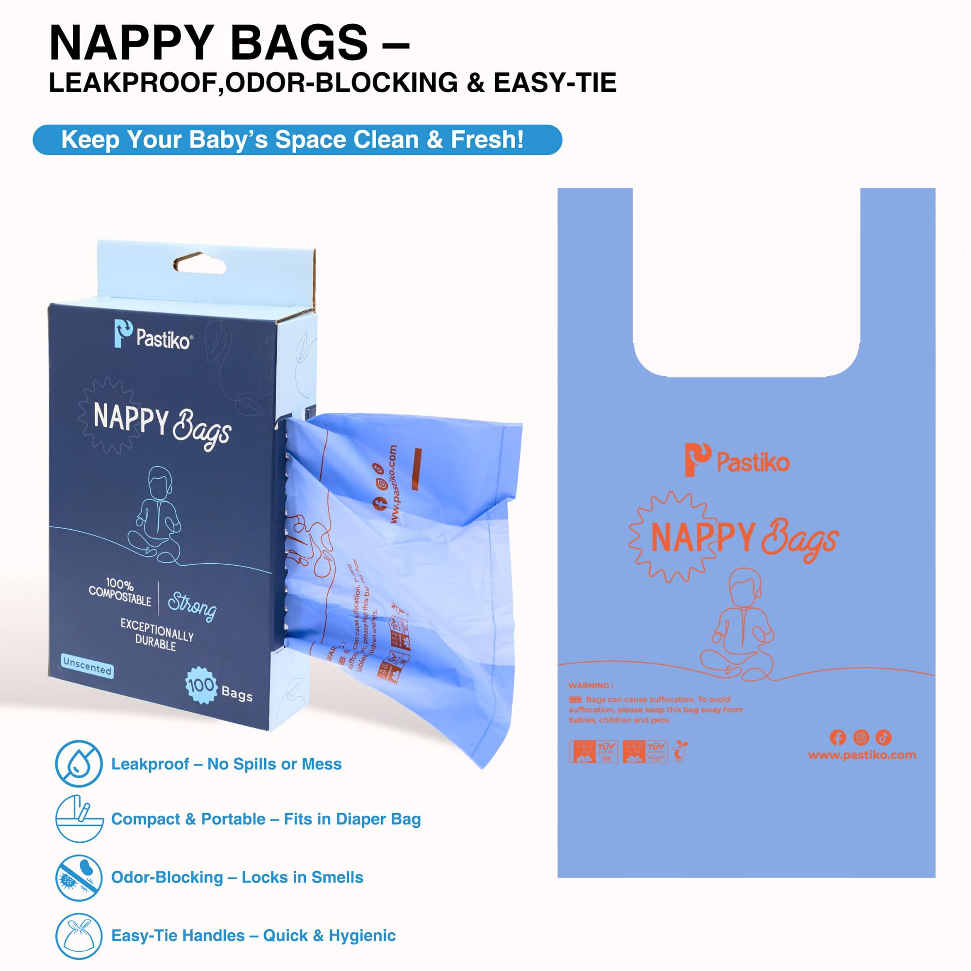 Pastiko Compostable Nappy Bags, Blue, 1 count (Pack of 100) - Image 2