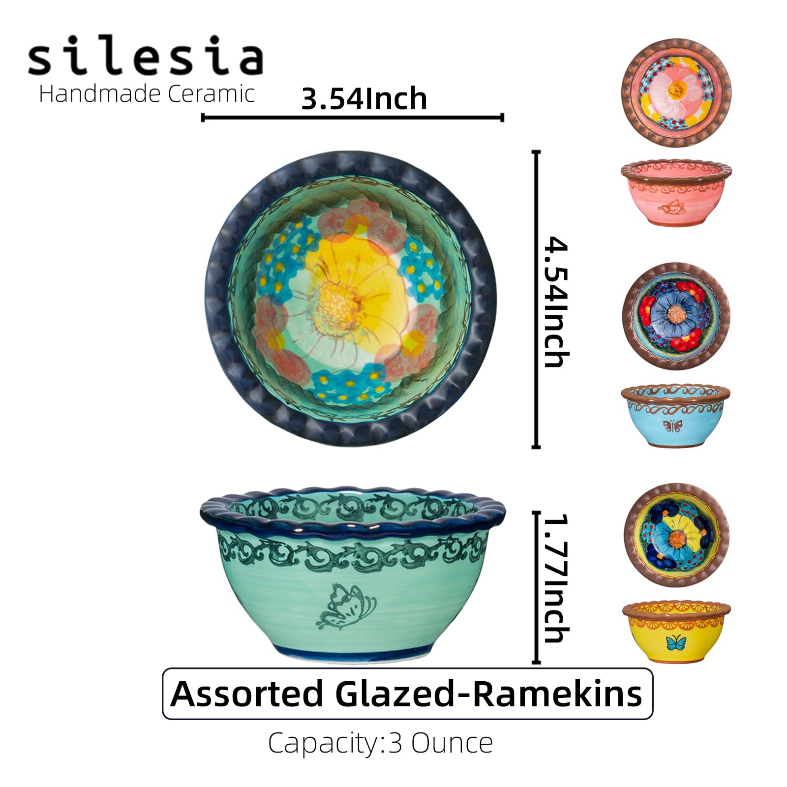 silesia - Juego de 4 vasos de cerámica hechos a mano de 3 onzas para pudín de crema brulee, cuencos pequeños pintados a mano para cocina, en caja de regalo, aptos para microondas y lavavajillas, 3.5
