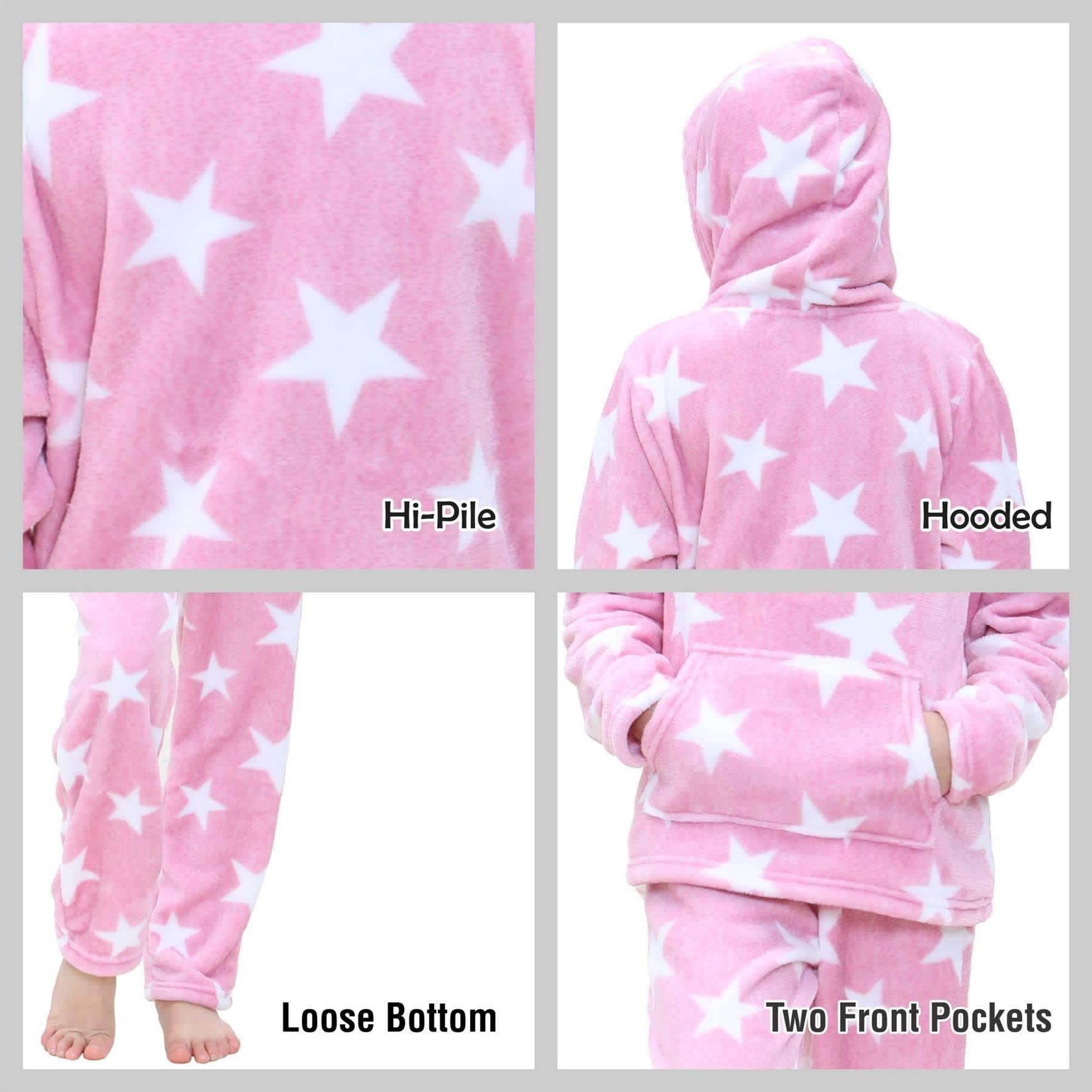 A2Z 4 Kids Girls Stars Fleece Pyjamas Extra Soft Loungewear Flanelowa polarowa bielizna nocna Kieszenie kangurkowe Kaptur Piżamy Zestawy Strojów Wiek 5-13 Lat