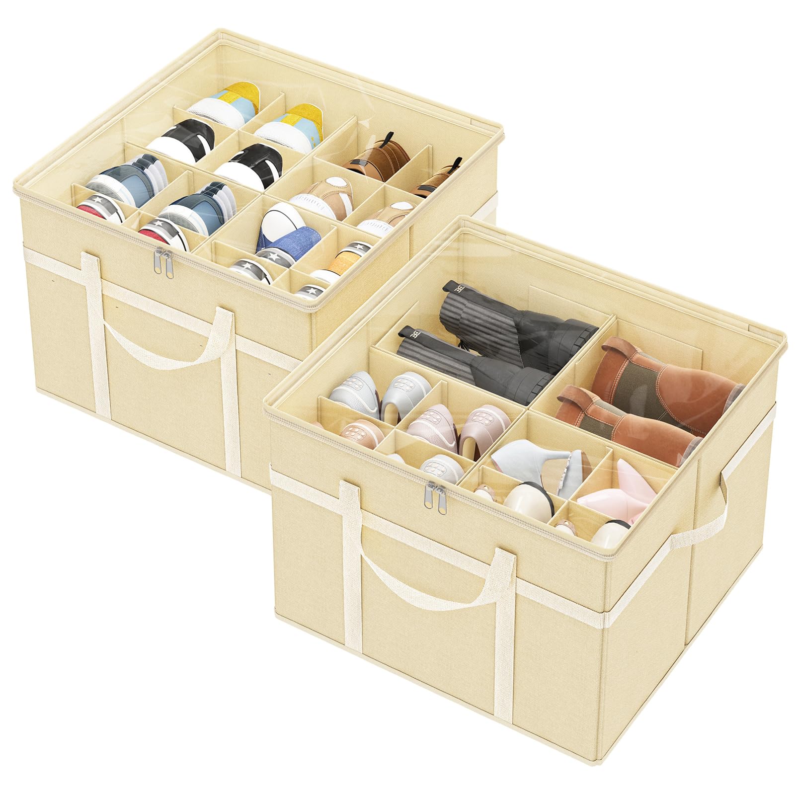 Fixwal 2 Pack Shoe Organizer for Closet Foldable Shoe Storage Bins with Clear Cover Large Shoe Box Storage Containers Adjustable Dividers Fit up to 32 Pairs, Beige
