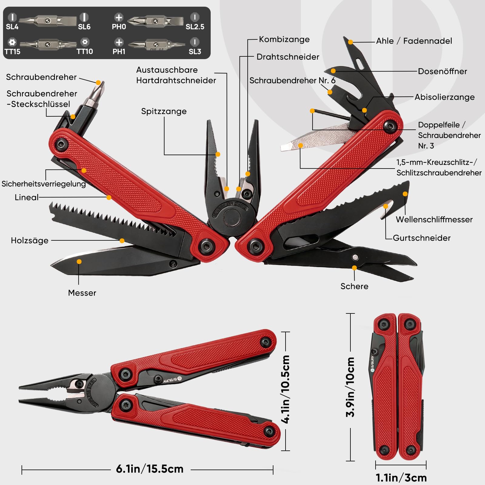 BIBURY 25-in-1 Multitool Multifunktionszange, YG12 Hartmetall-Schneide, G10-Griff, 3Cr13 Edelstahl, Outdoor Camping Werkzeug inkl Bitsatz und Nylontasche, für Fahrrad, DIY und Reparatur