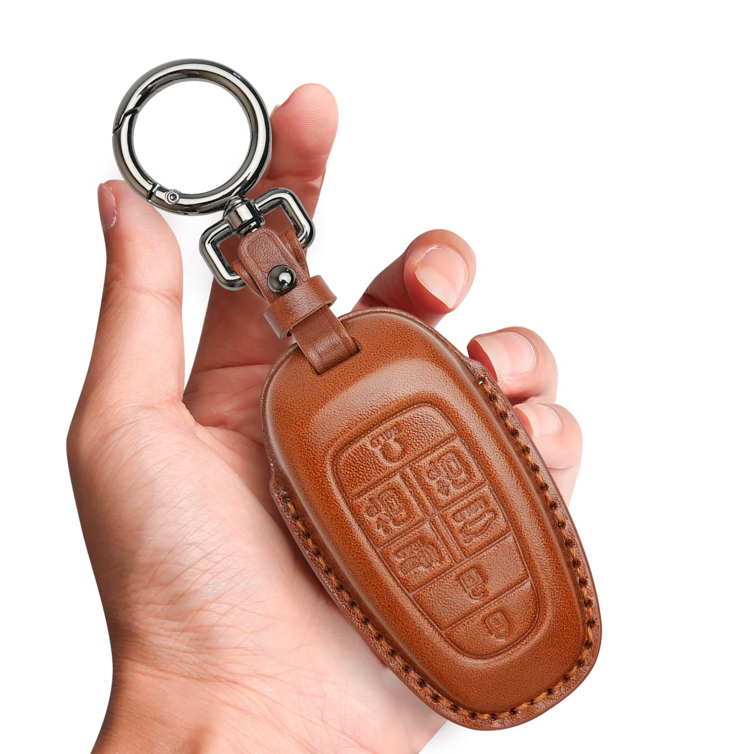 Tukellen Key Fob Cover Leather with Keychain Compatible with Hyundai 2020 2021 Sonata,2022 Tucson Remote Key-Brown
