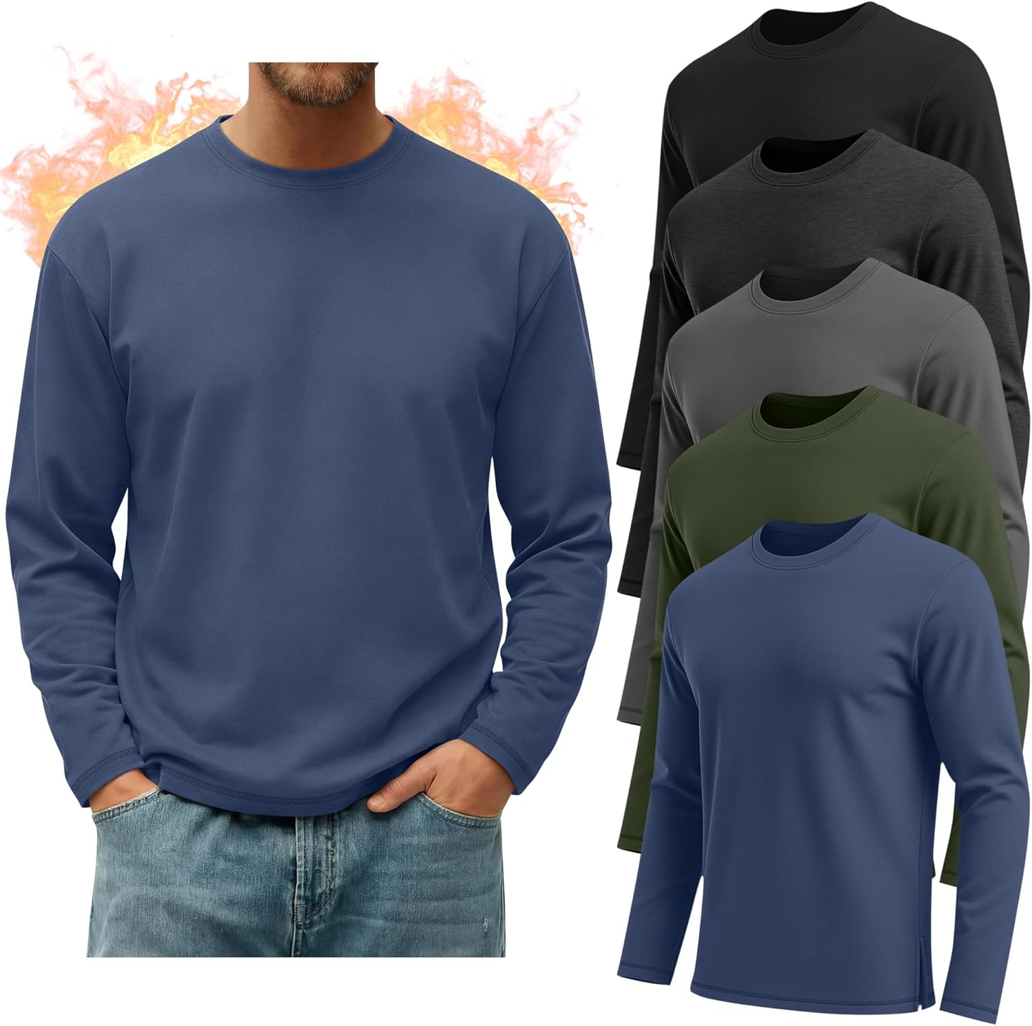 5 Pack Mens Big and Tall Fleece Thermal Shirts, Long Sleeve Crewneck Top Side Split Loose Multipack Basic Layer Tee(Black, Dark Mixed Gray, Gray, Army Green, Haze Blue,Large)