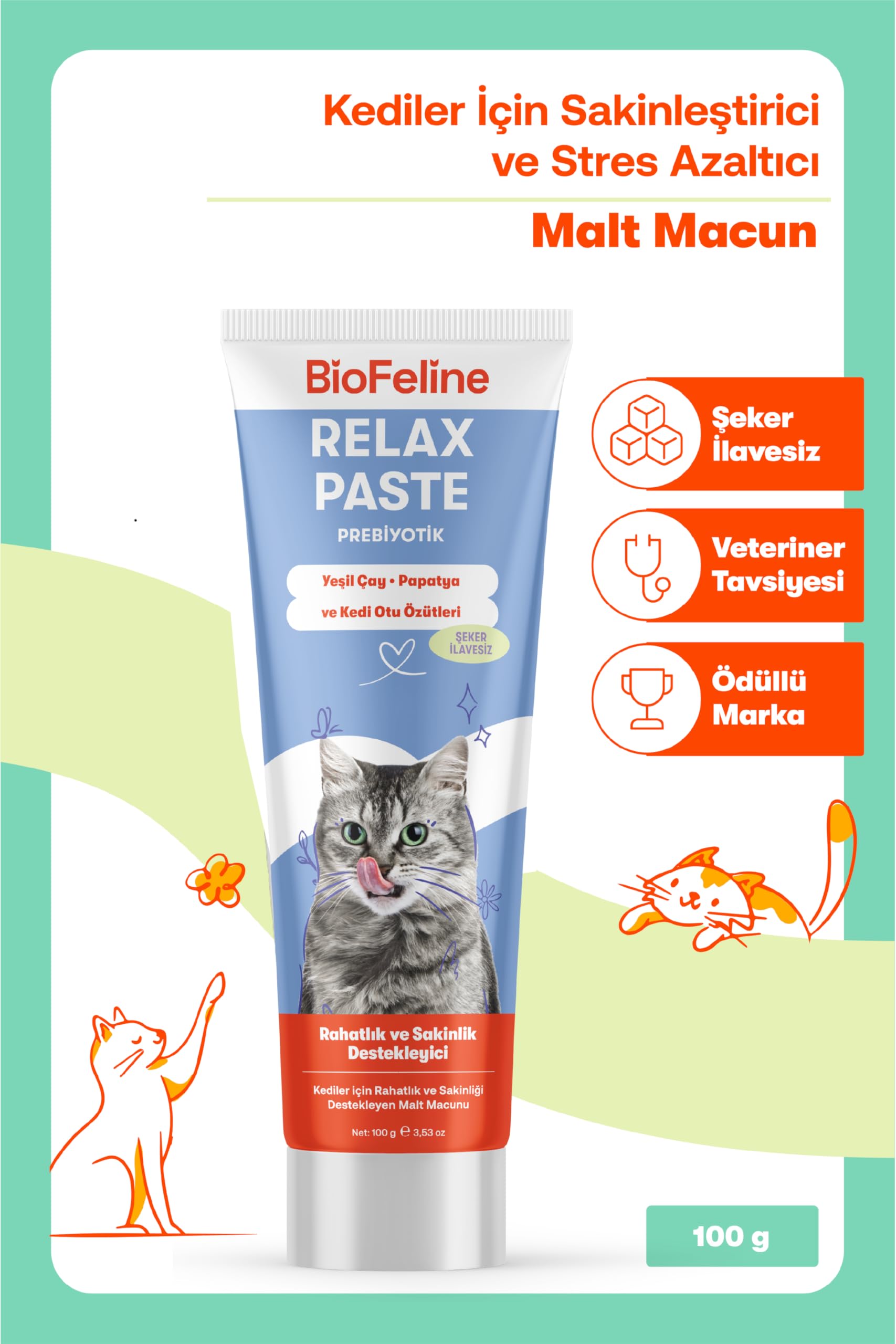 Biofeline Rahatlatıcı Macun 100g ve Kediler İçin Günlük Strese Karşı Rahatlık Sağlayan Sakinleştirici Macun