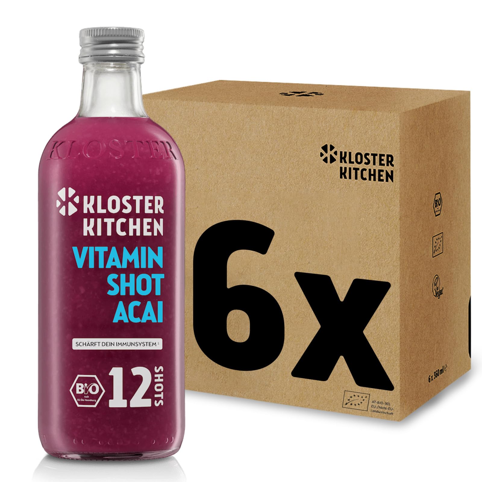 Kloster Kitchen Organic Vitamin Shot Acai Ginger 6x 360 ml botella de cristal vegana sin aditivos