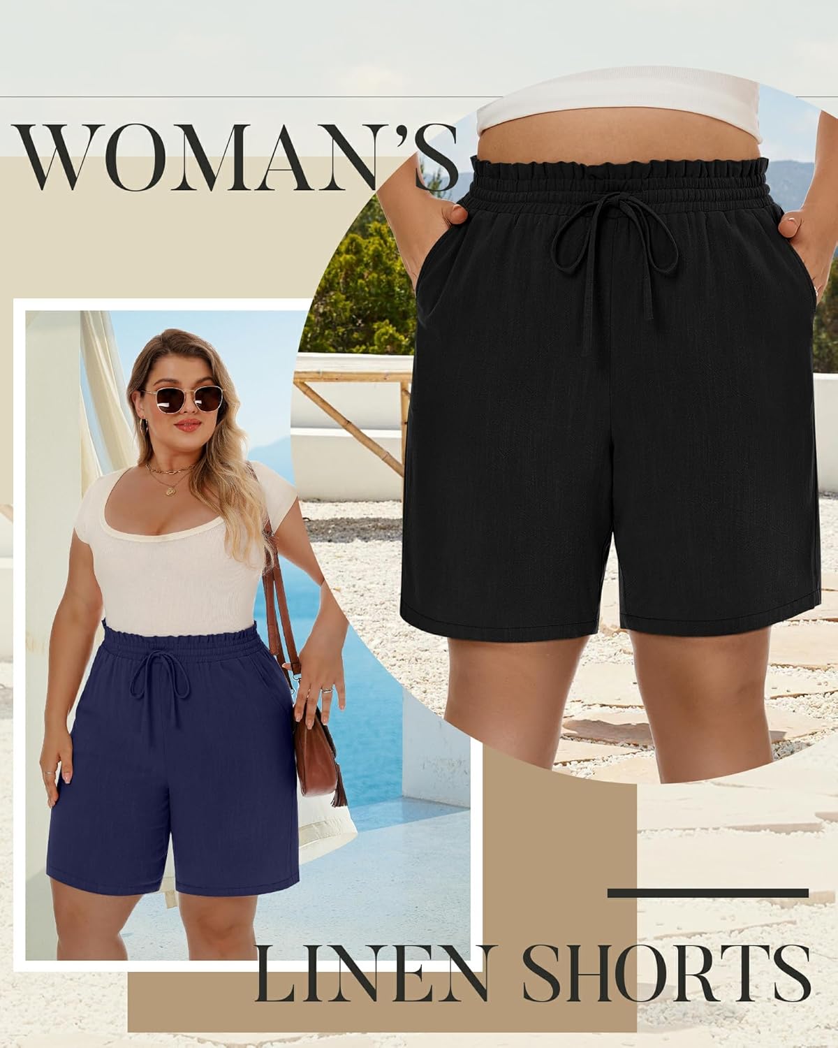 Ficerd 2 Pack Plus Size Linen Bermuda Shorts for Women Drawstring High Waisted Casual Ruffle Long Shorts with Pocket